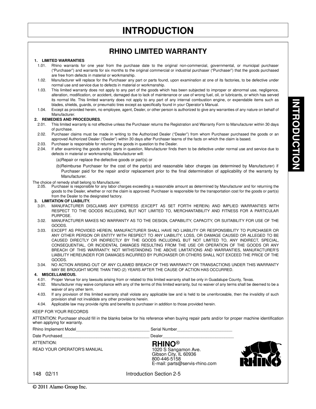 Rhino Mounts 148 manual Rhino Limited Warranty, Introduction, S Sangamon Ave, Gibson City, IL 