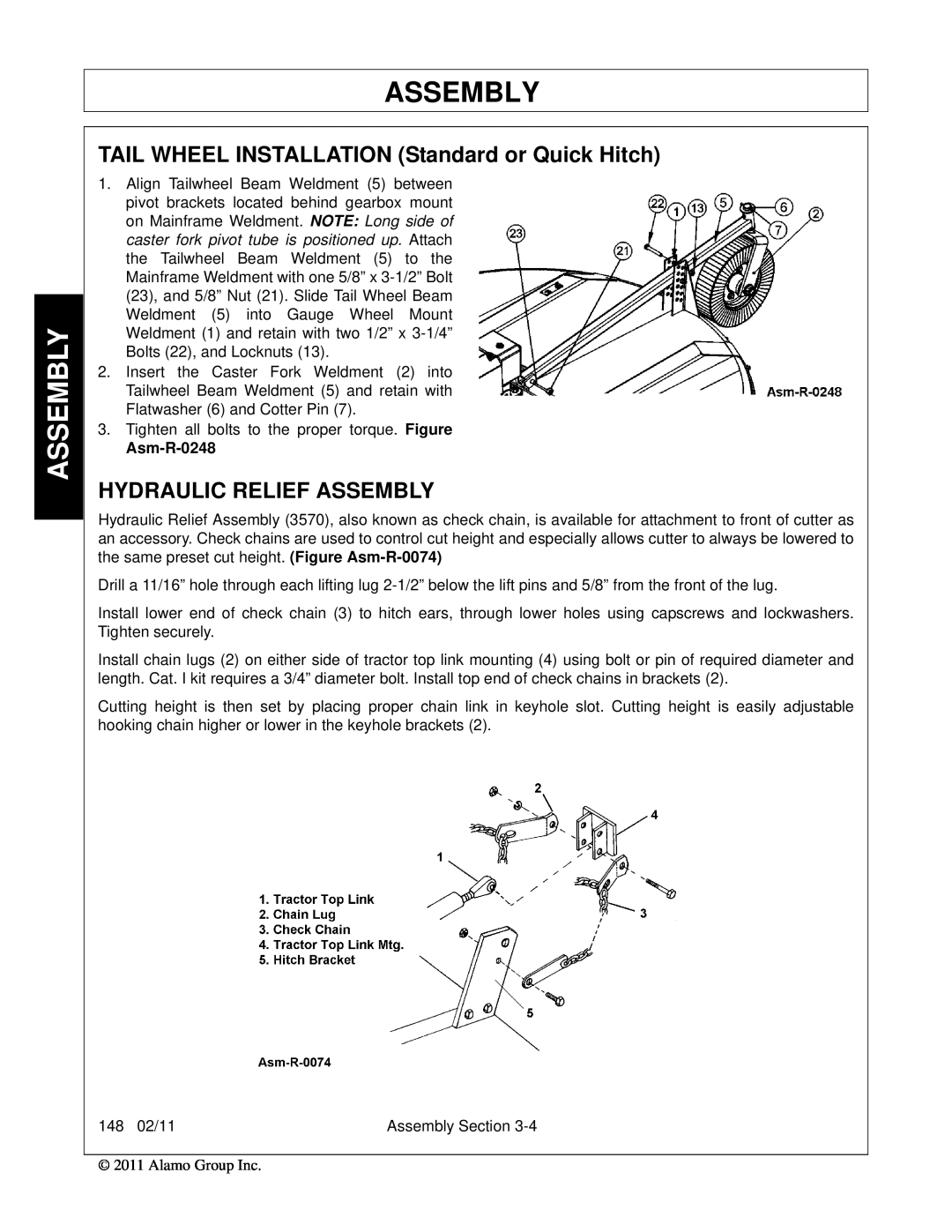 Rhino Mounts 148 manual TAIL WHEEL INSTALLATION Standard or Quick Hitch, Hydraulic Relief Assembly, Asm-R-0248 