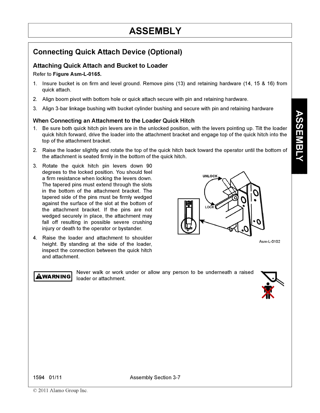 Rhino Mounts 1594 manual Connecting Quick Attach Device Optional, Attaching Quick Attach and Bucket to Loader 