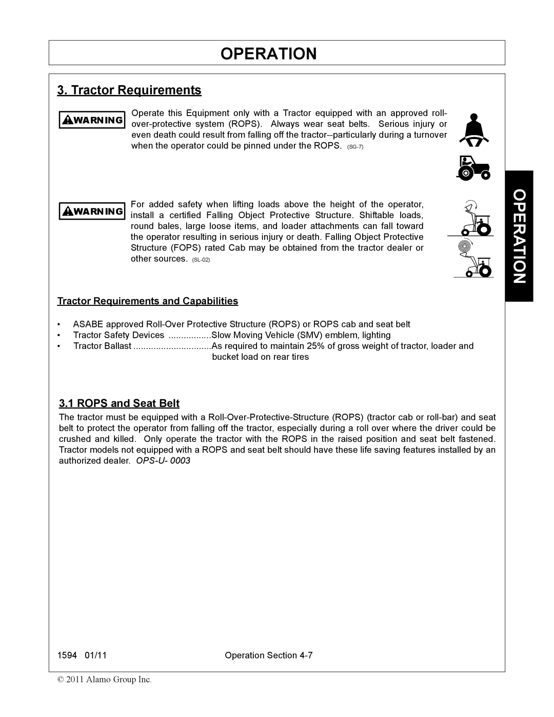 Rhino Mounts 1594 manual Tractor Requirements, Rops and Seat Belt 