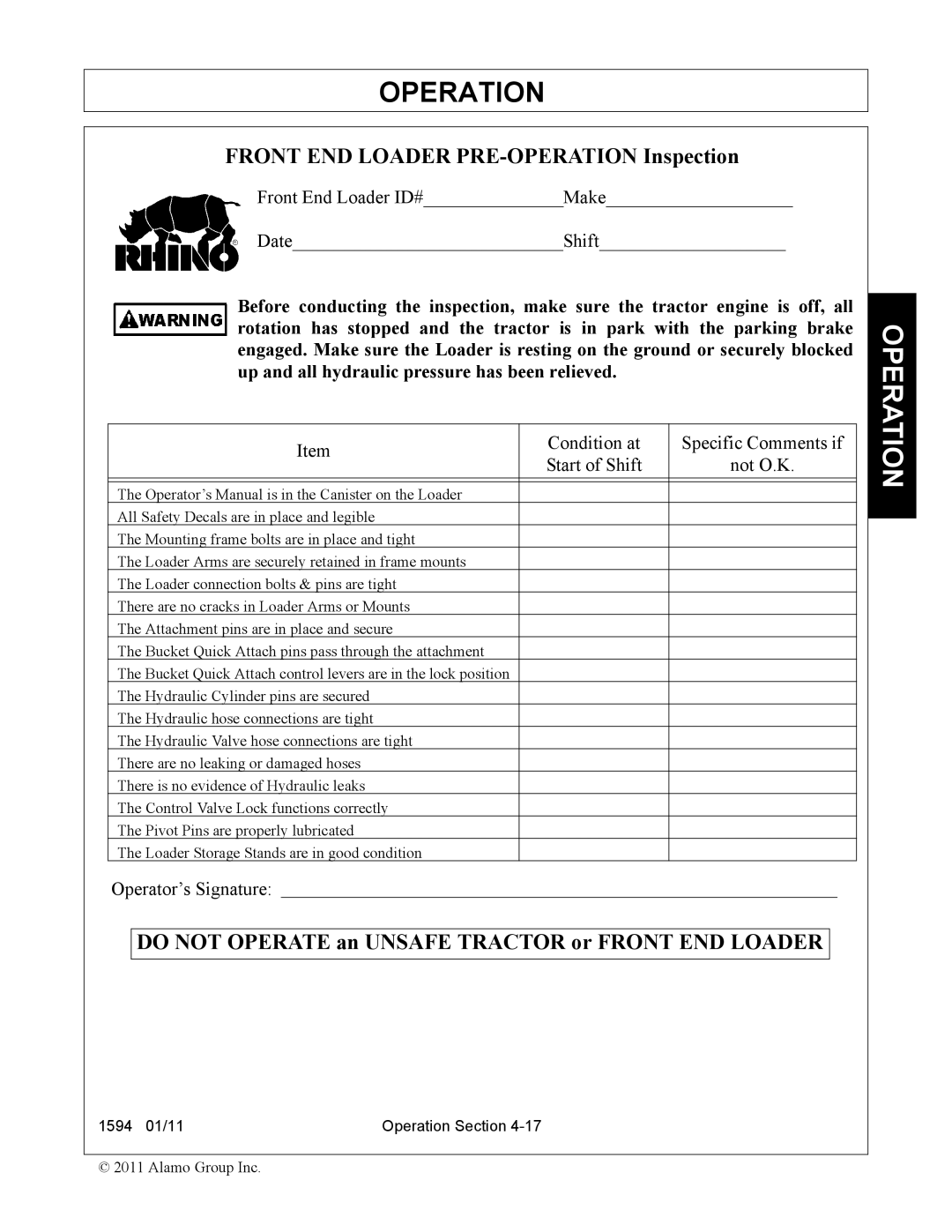 Rhino Mounts 1594 manual Front END Loader PRE-OPERATION Inspection 