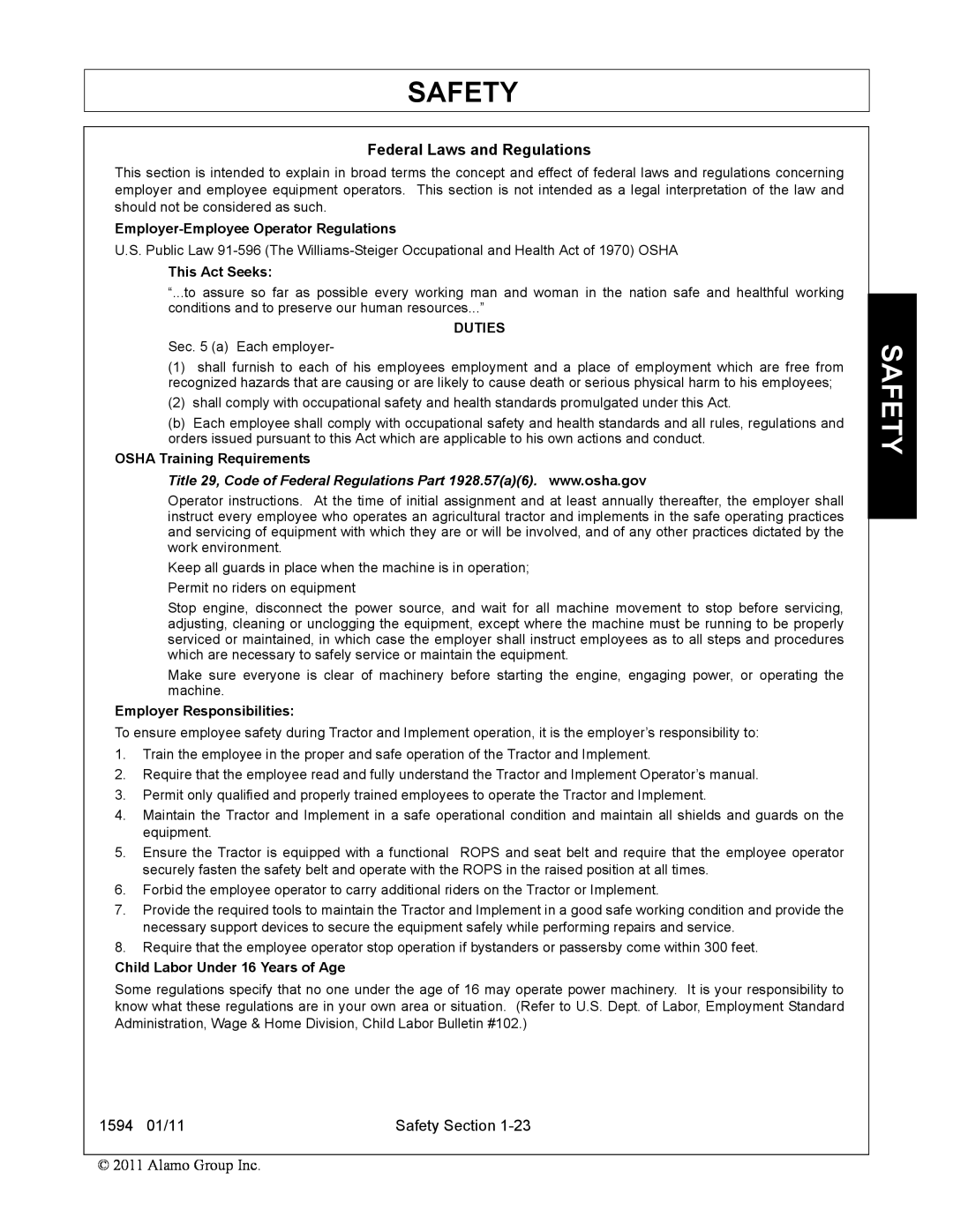 Rhino Mounts 1594 manual Safety, Employer-Employee Operator Regulations, This Act Seeks, Duties, OSHA Training Requirements 