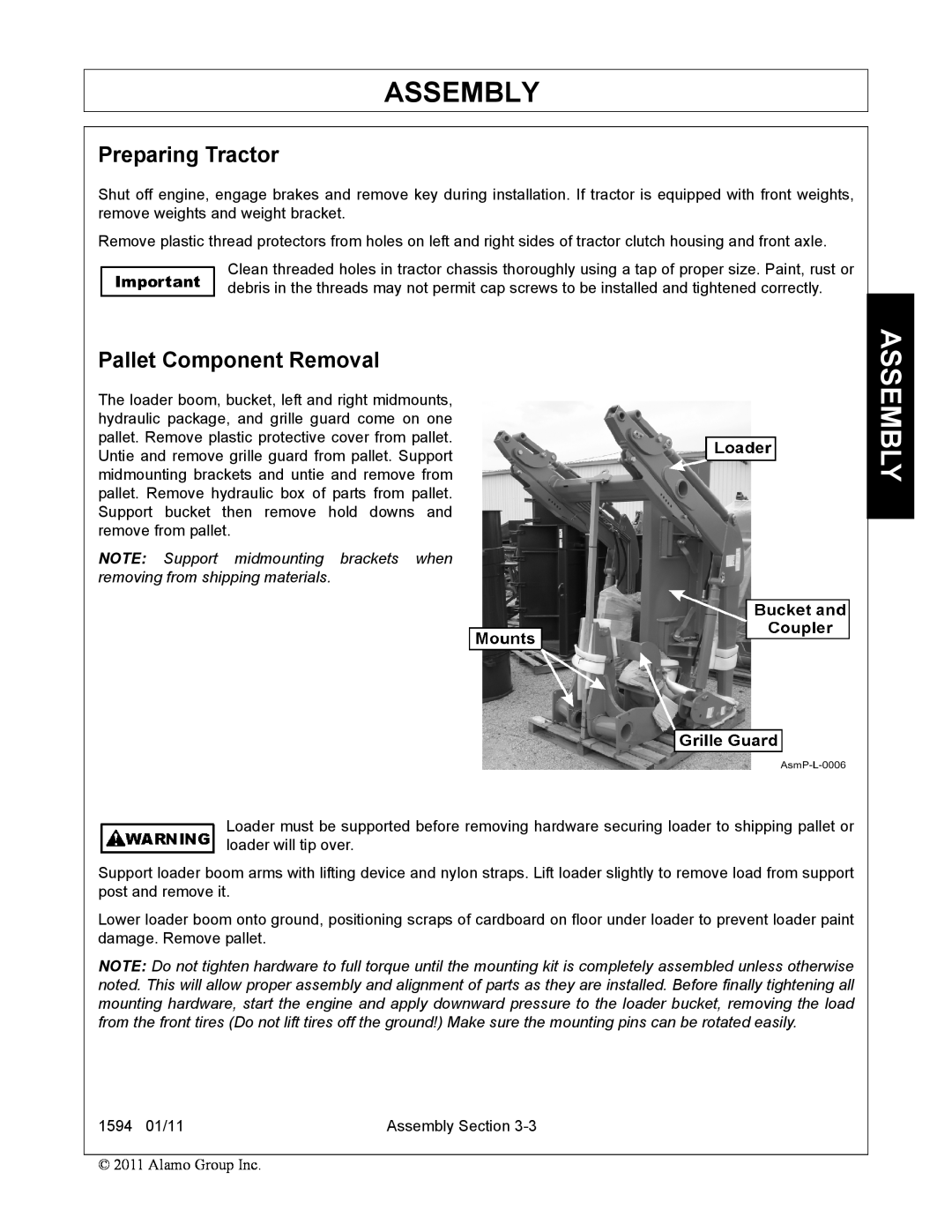 Rhino Mounts 1594 manual Assembly, Preparing Tractor, Pallet Component Removal 