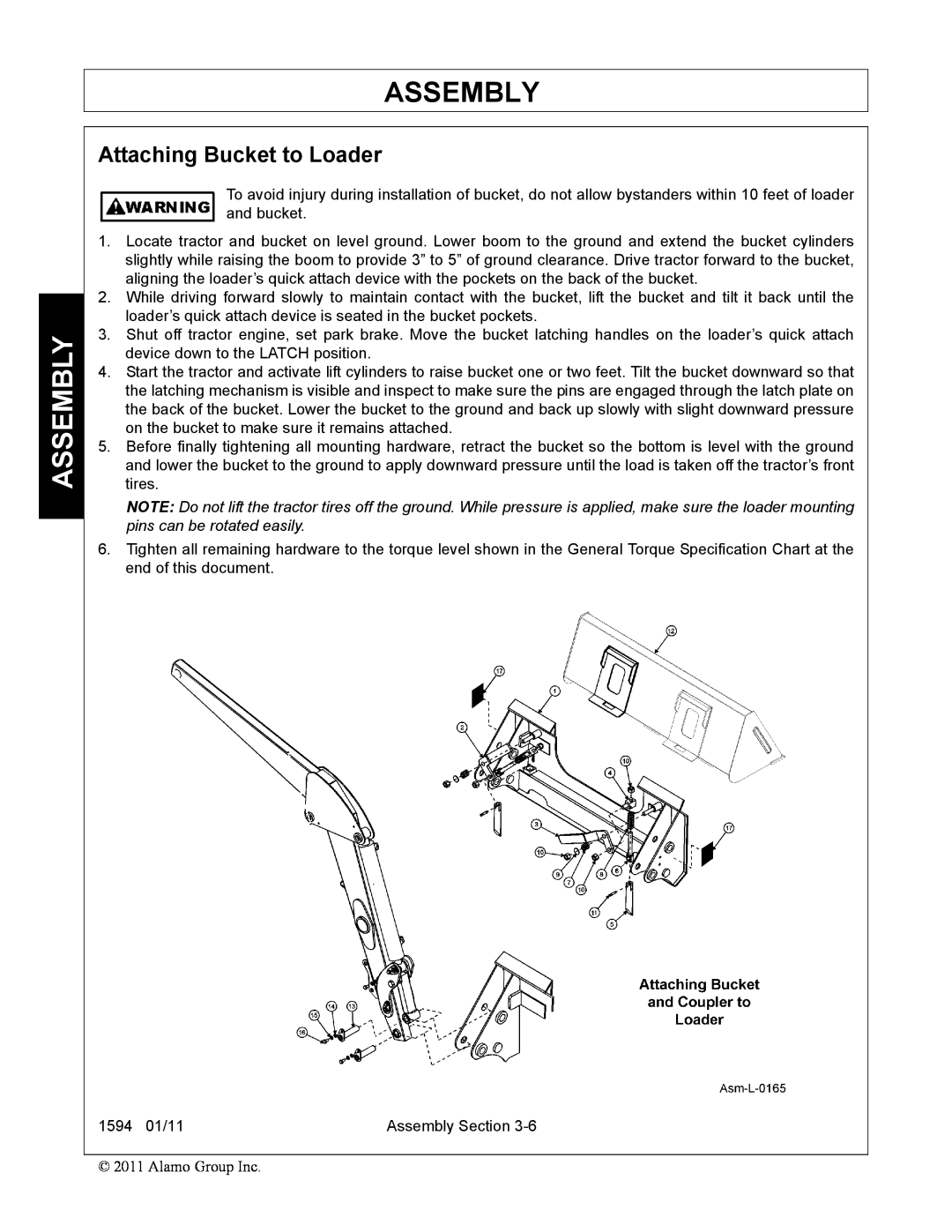 Rhino Mounts 1594 manual Assembly, Attaching Bucket to Loader 