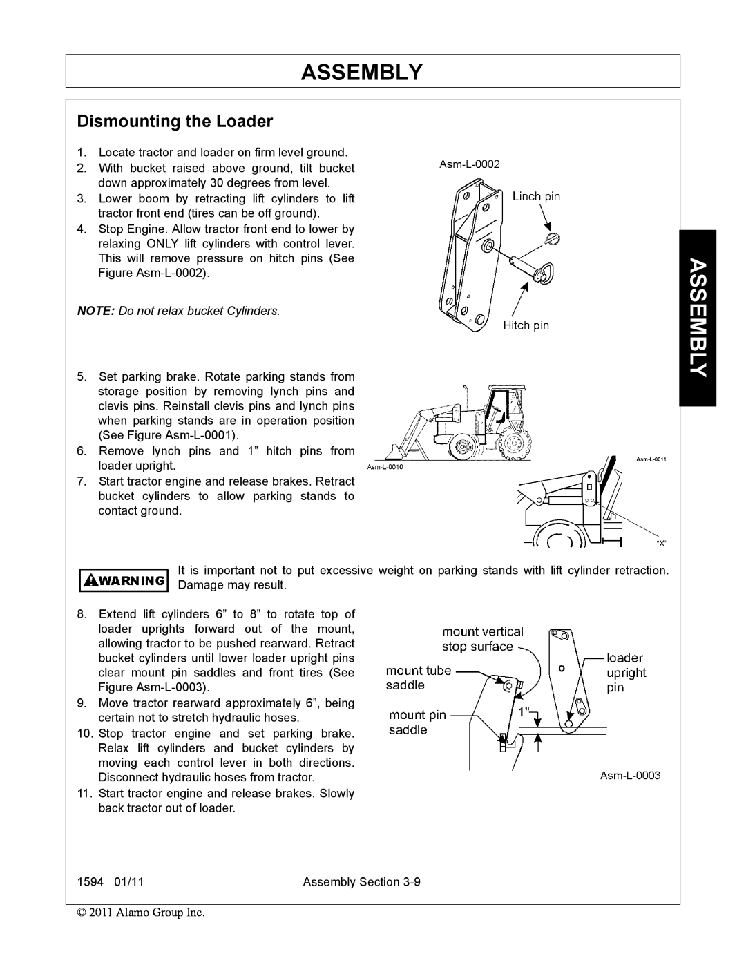 Rhino Mounts 1594 manual Assembly, Dismounting the Loader, NOTE Do not relax bucket Cylinders 