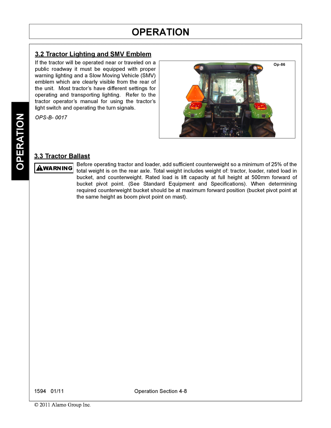 Rhino Mounts 1594 manual Operation, Tractor Lighting and SMV Emblem, Tractor Ballast, Ops-B 
