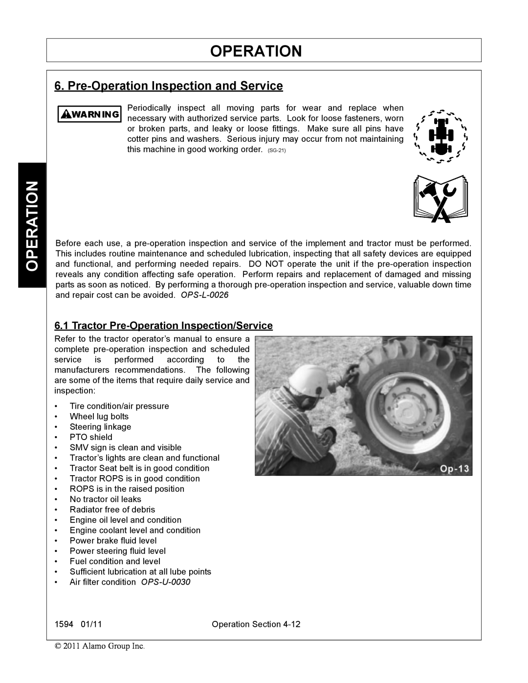 Rhino Mounts 1594 manual Pre-Operation Inspection and Service, Tractor Pre-Operation Inspection/Service 