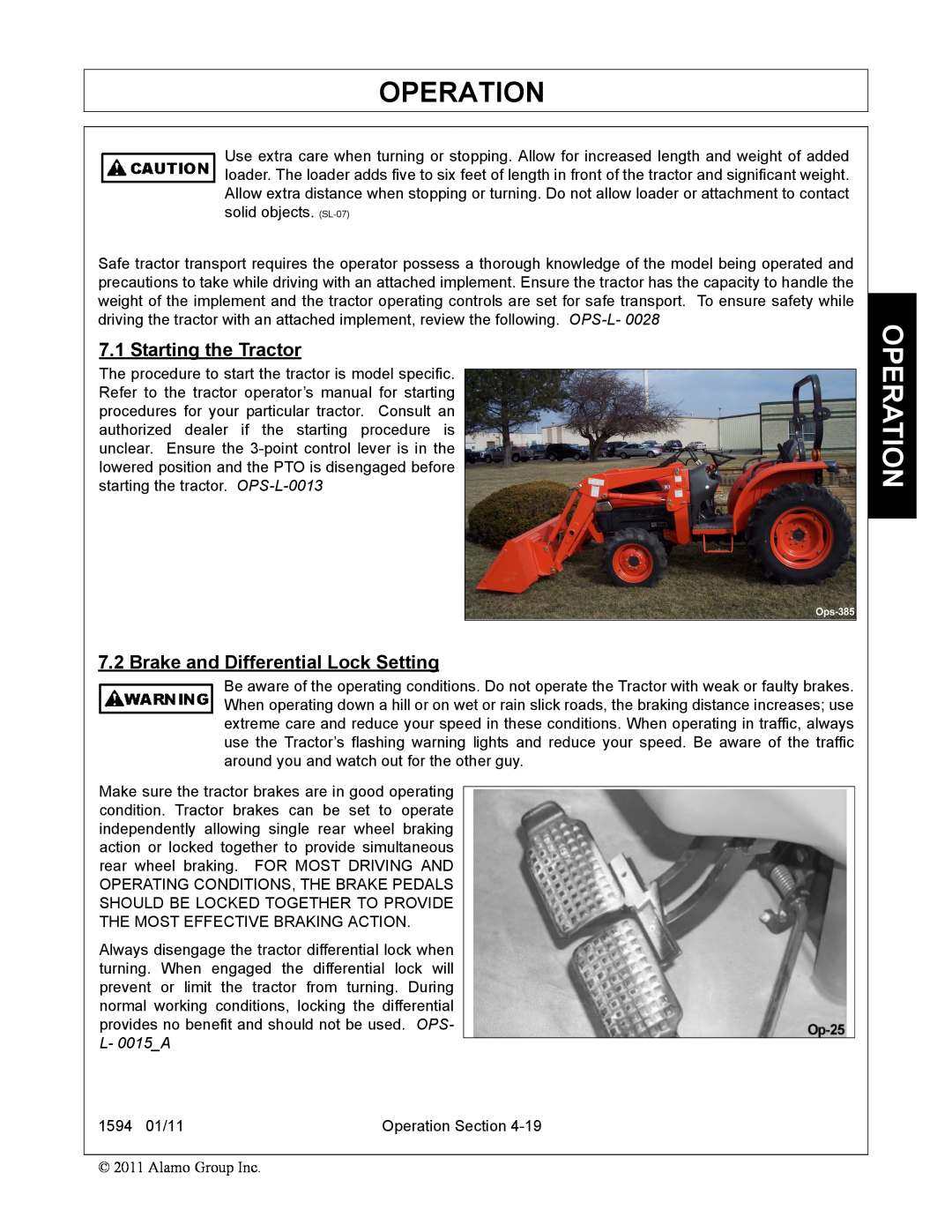 Rhino Mounts 1594 manual Operation, Starting the Tractor, Brake and Differential Lock Setting 
