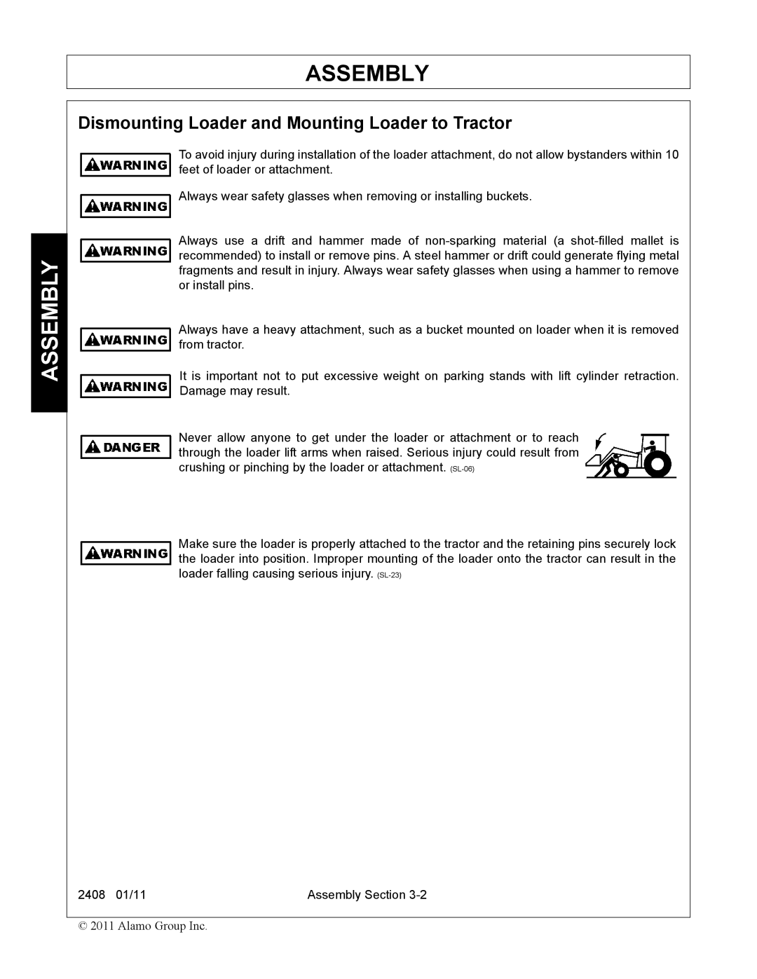 Rhino Mounts 2408 manual Assembly, Dismounting Loader and Mounting Loader to Tractor 