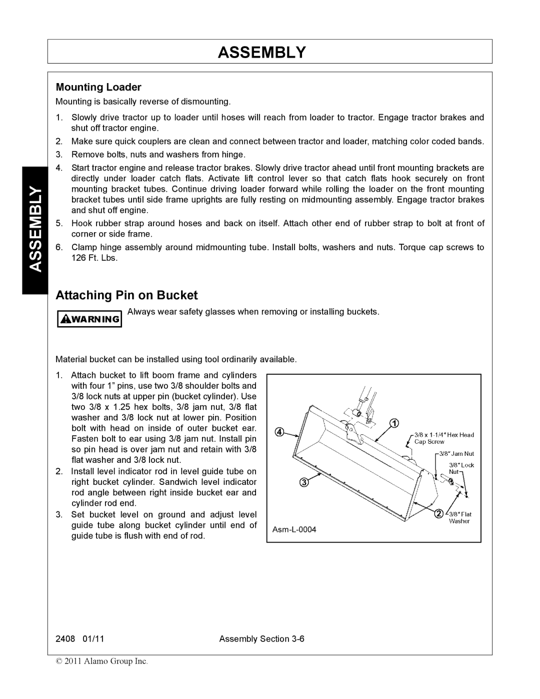 Rhino Mounts 2408 manual Attaching Pin on Bucket, Mounting Loader 