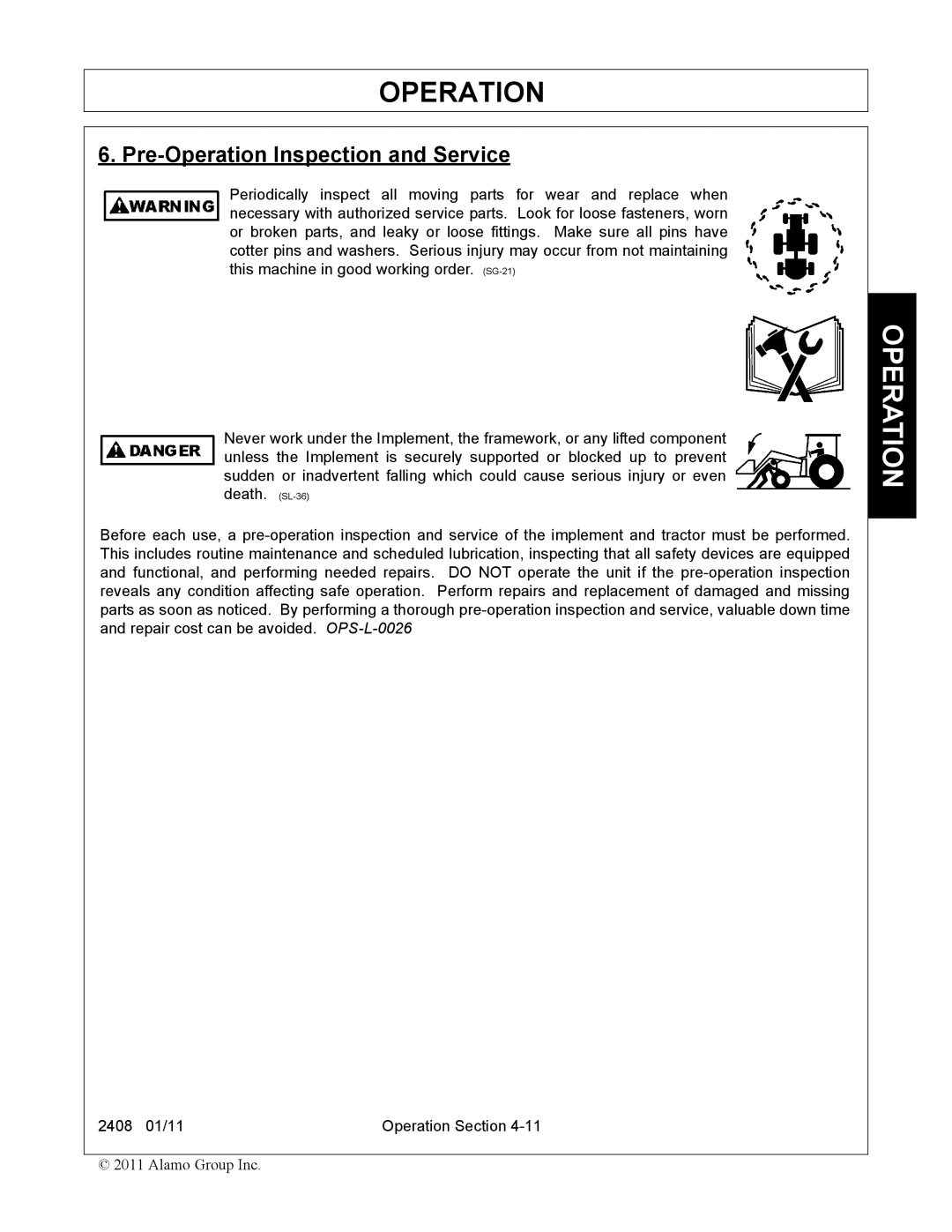 Rhino Mounts 2408 manual Pre-Operation Inspection and Service 