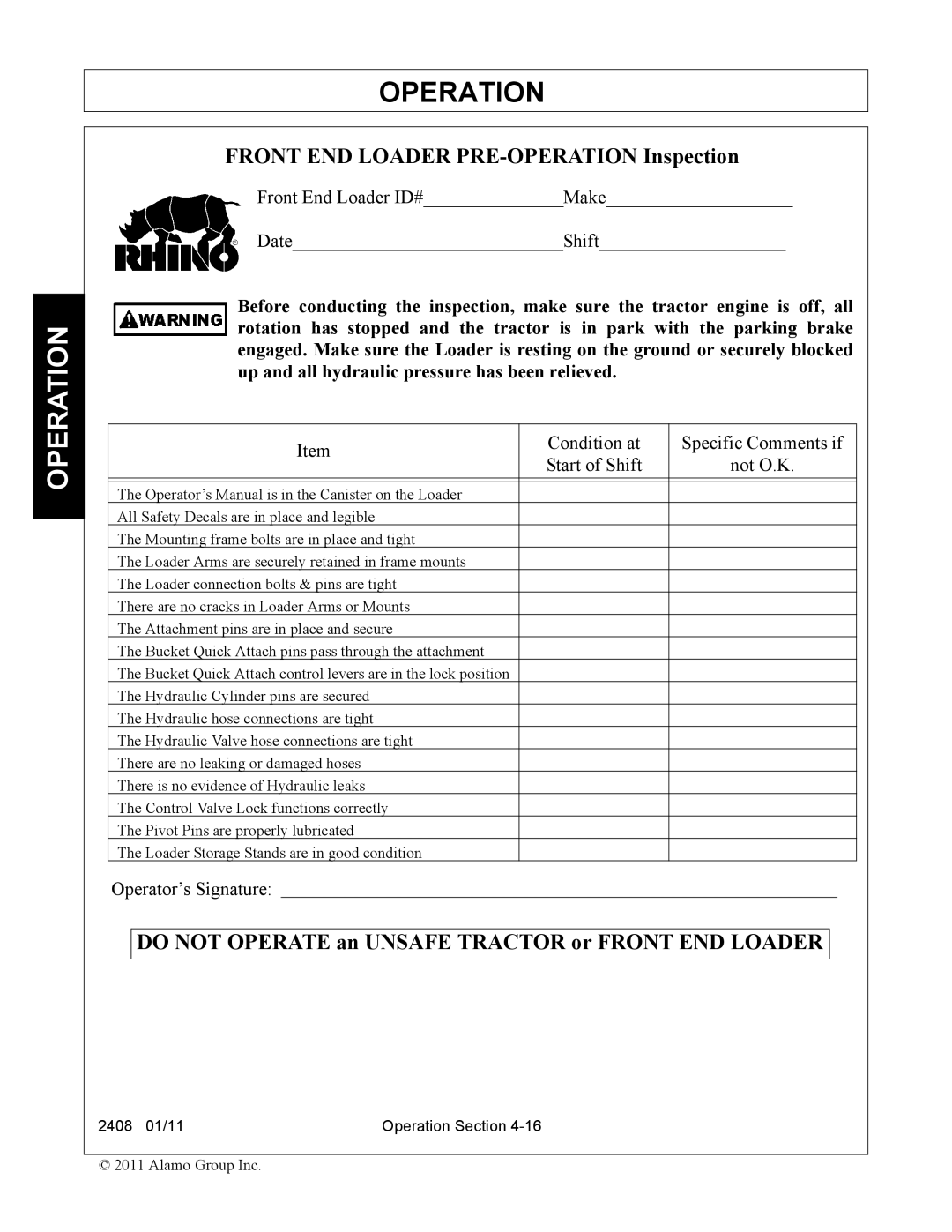 Rhino Mounts 2408 manual Front END Loader PRE-OPERATION Inspection 