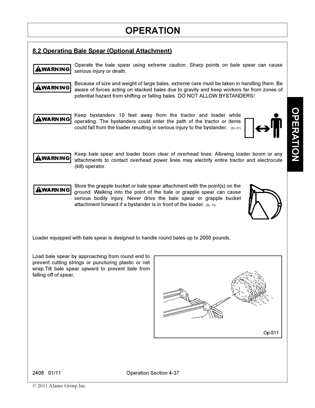 Rhino Mounts 2408 manual Operating Bale Spear Optional Attachment 