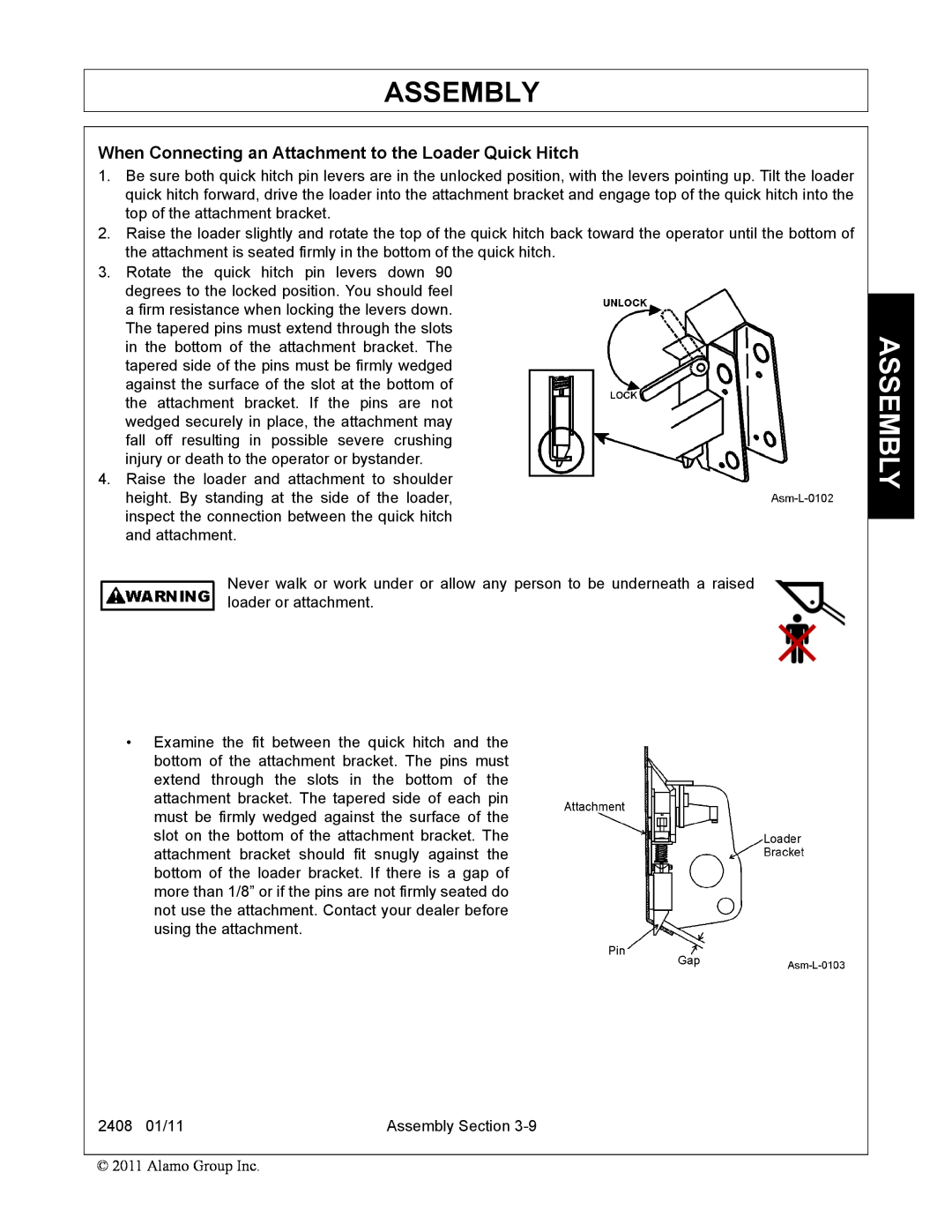 Rhino Mounts 2408 manual Assembly, When Connecting an Attachment to the Loader Quick Hitch 