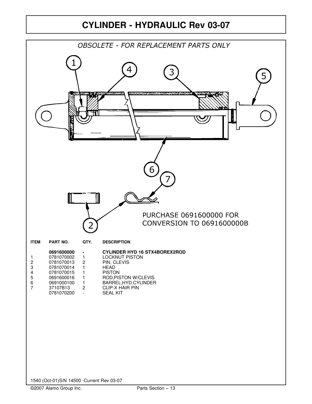 Rhino Mounts 1540, 697P manual Cylinder Hydraulic Rev, Cylinder HYD 16 STX4BOREX2ROD 