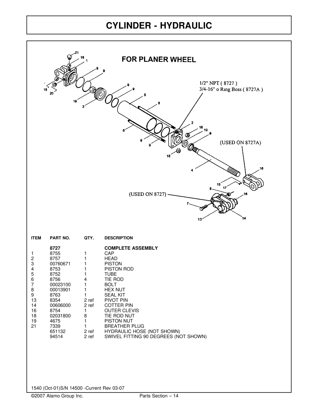 Rhino Mounts 697P, 1540 manual Cylinder Hydraulic, Complete Assembly 