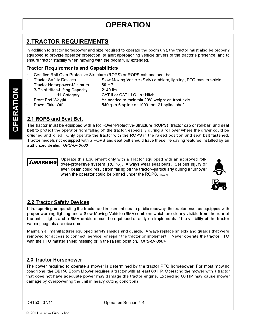 Rhino Mounts DB150 manual Tractor Requirements and Capabilities, Rops and Seat Belt, Tractor Safety Devices 