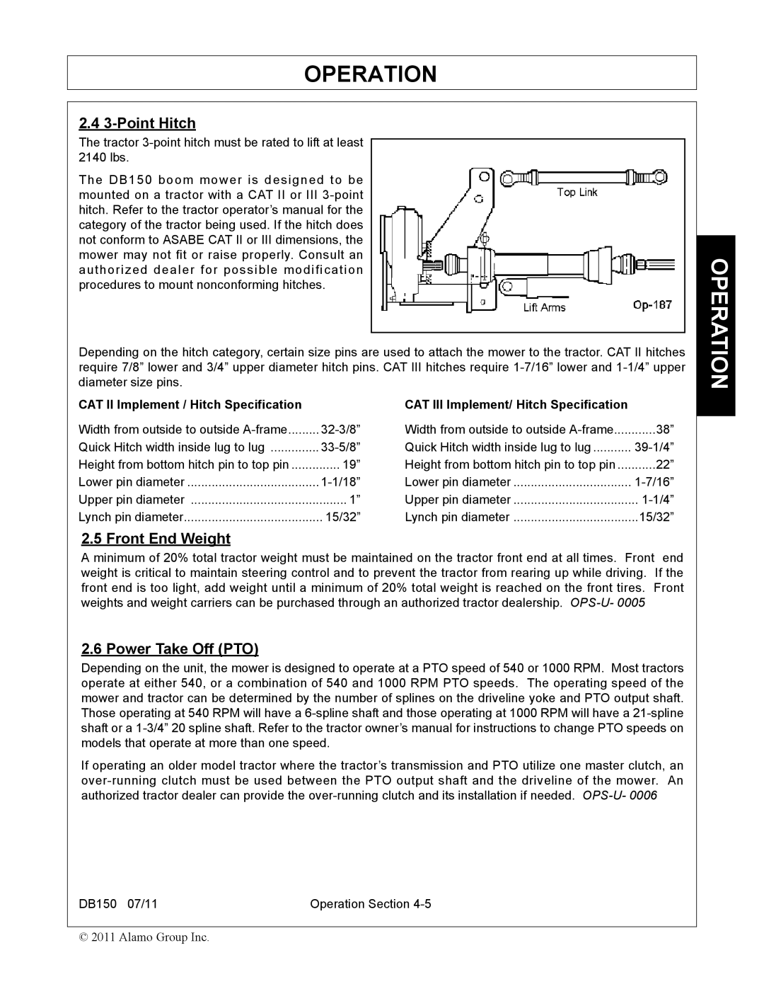 Rhino Mounts DB150 manual Point Hitch, Front End Weight, Power Take Off PTO 