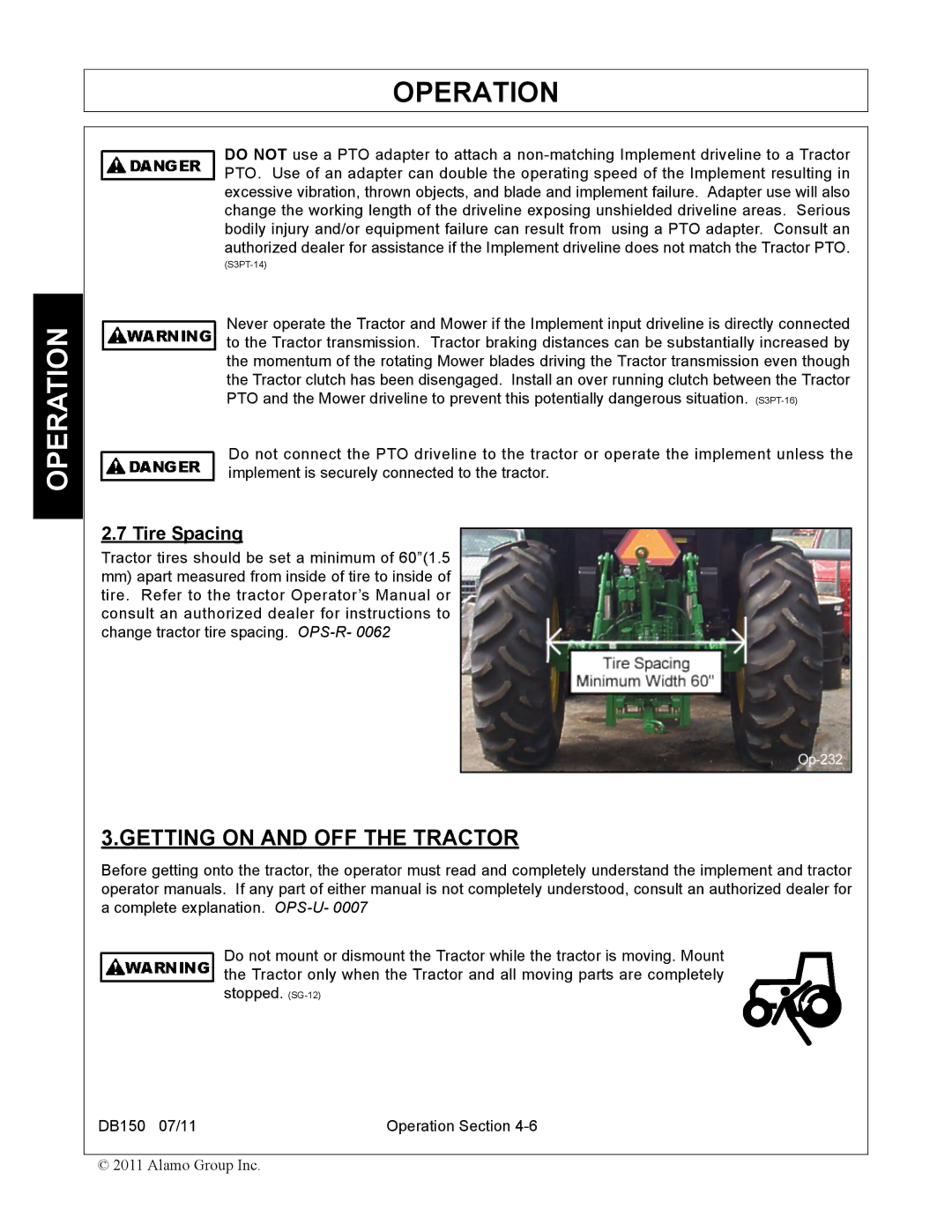 Rhino Mounts DB150 manual Getting on and OFF the Tractor, Tire Spacing 