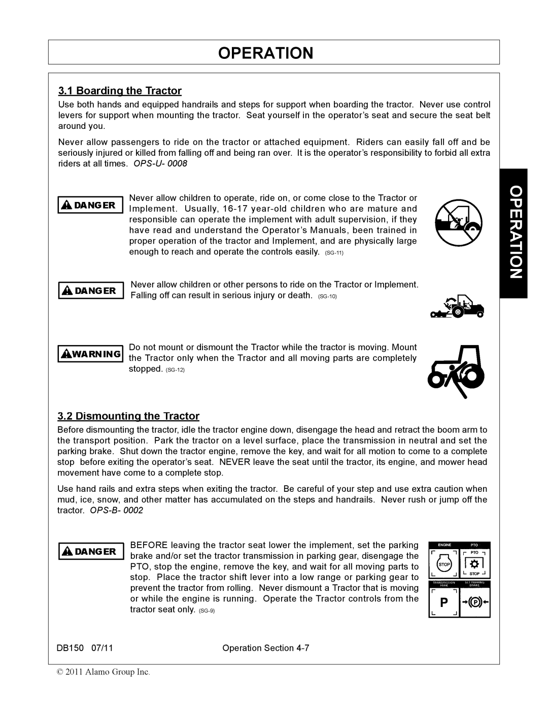 Rhino Mounts DB150 manual Boarding the Tractor, Dismounting the Tractor 