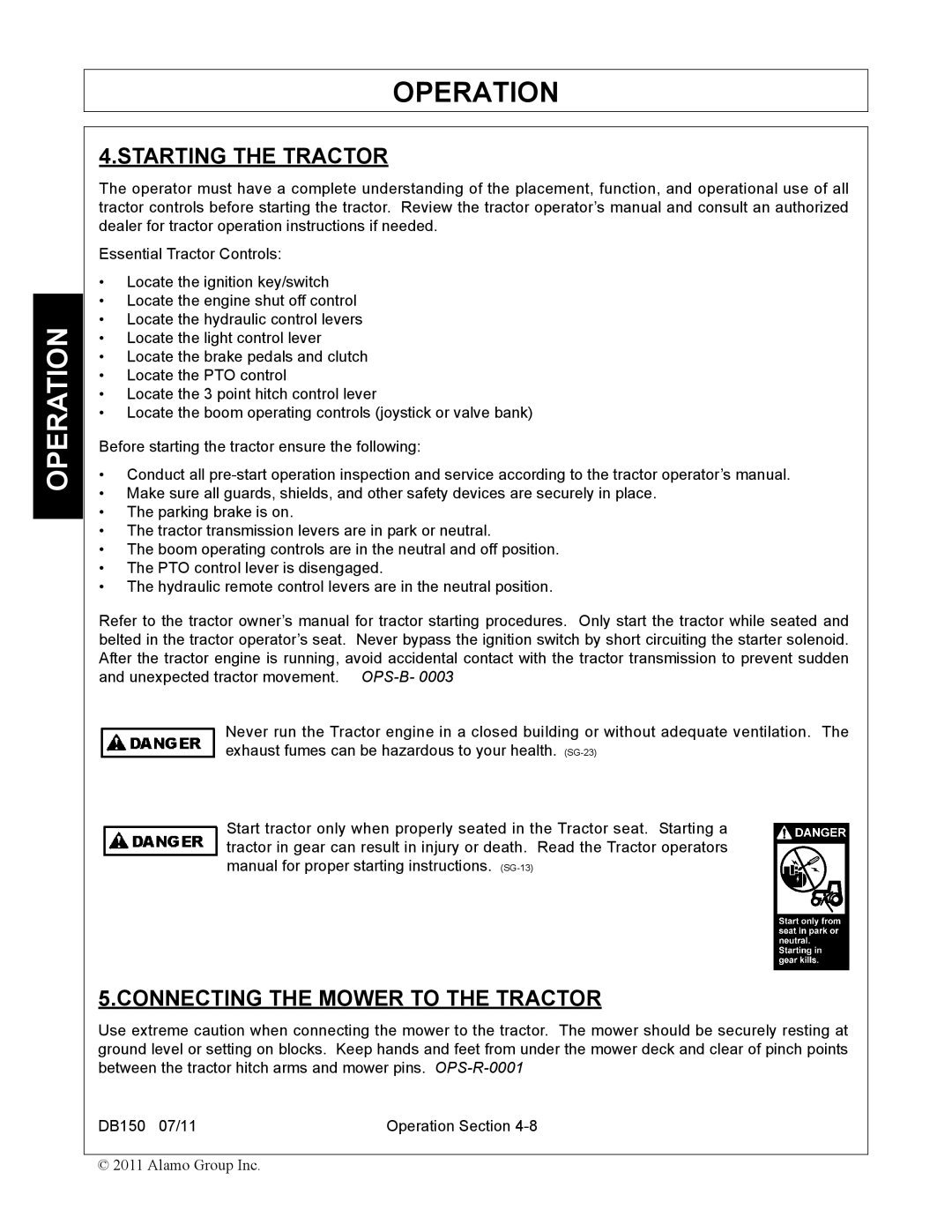 Rhino Mounts DB150 manual Starting the Tractor, Connecting the Mower to the Tractor 