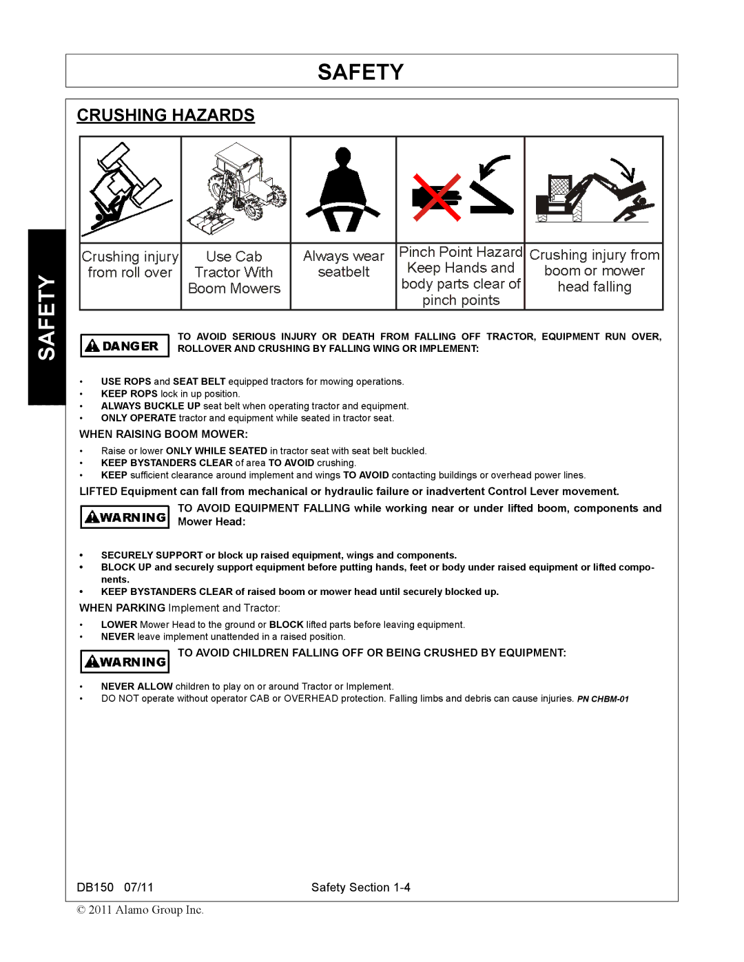 Rhino Mounts DB150 manual Crushing Hazards, When Raising Boom Mower 