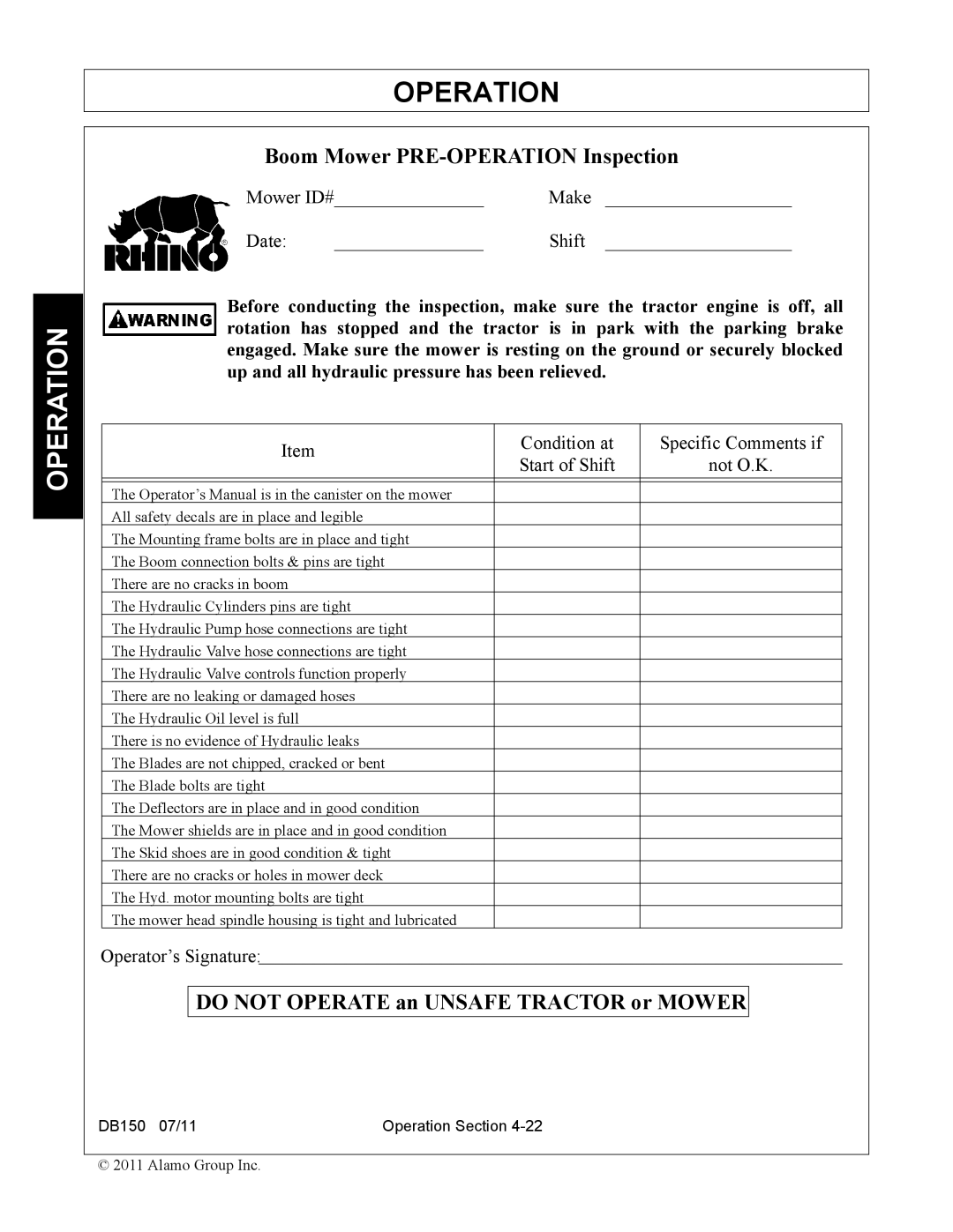 Rhino Mounts DB150 manual Boom Mower PRE-OPERATION Inspection 