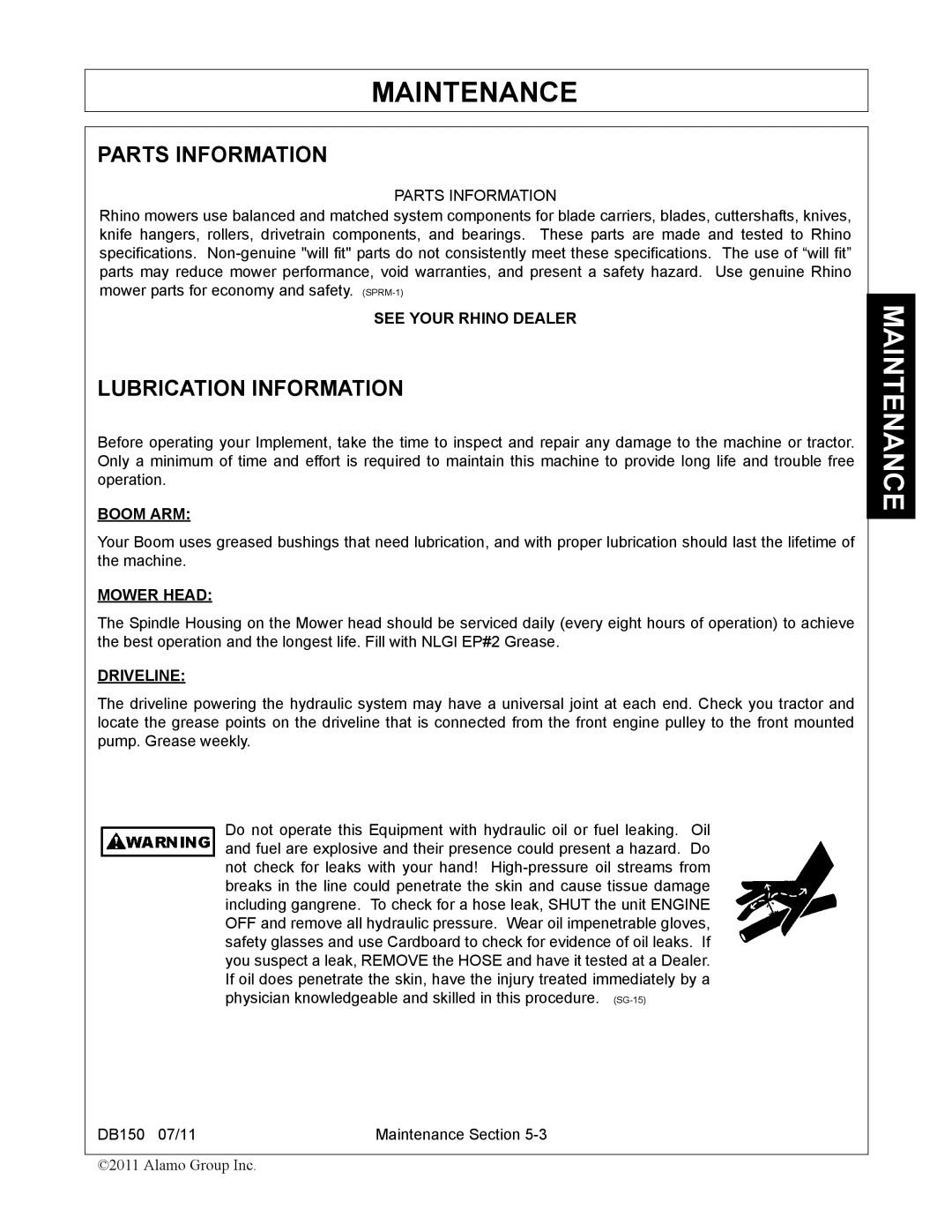 Rhino Mounts DB150 manual Lubrication Information, Boom ARM, Mower Head, Driveline 