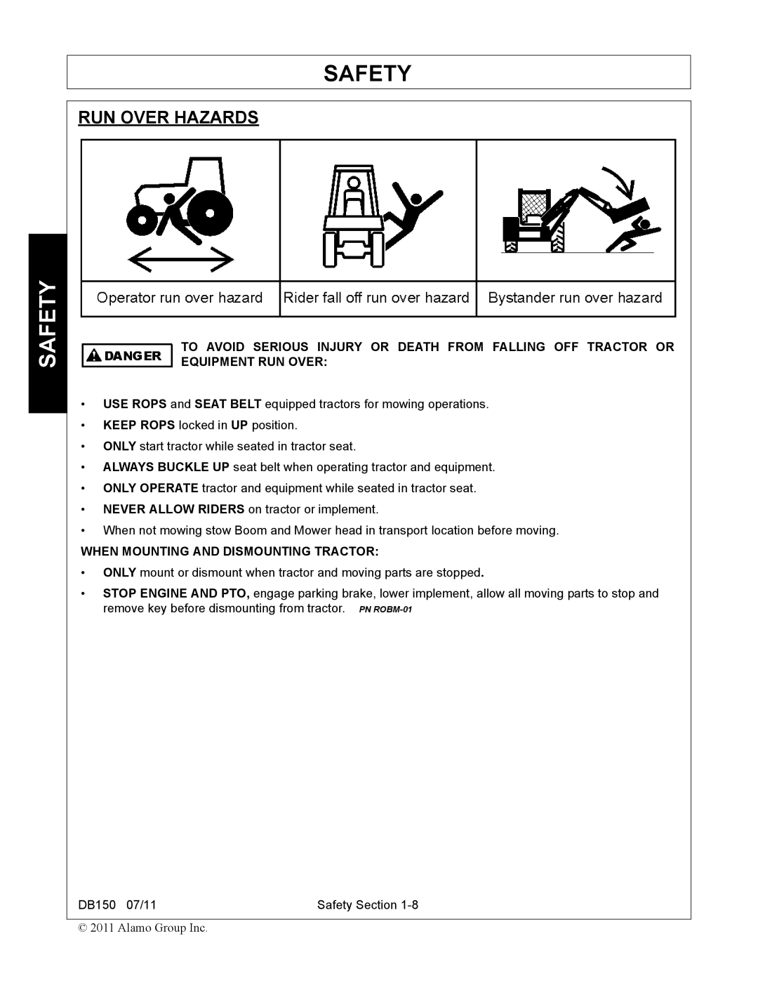 Rhino Mounts DB150 manual RUN Over Hazards, When Mounting and Dismounting Tractor 