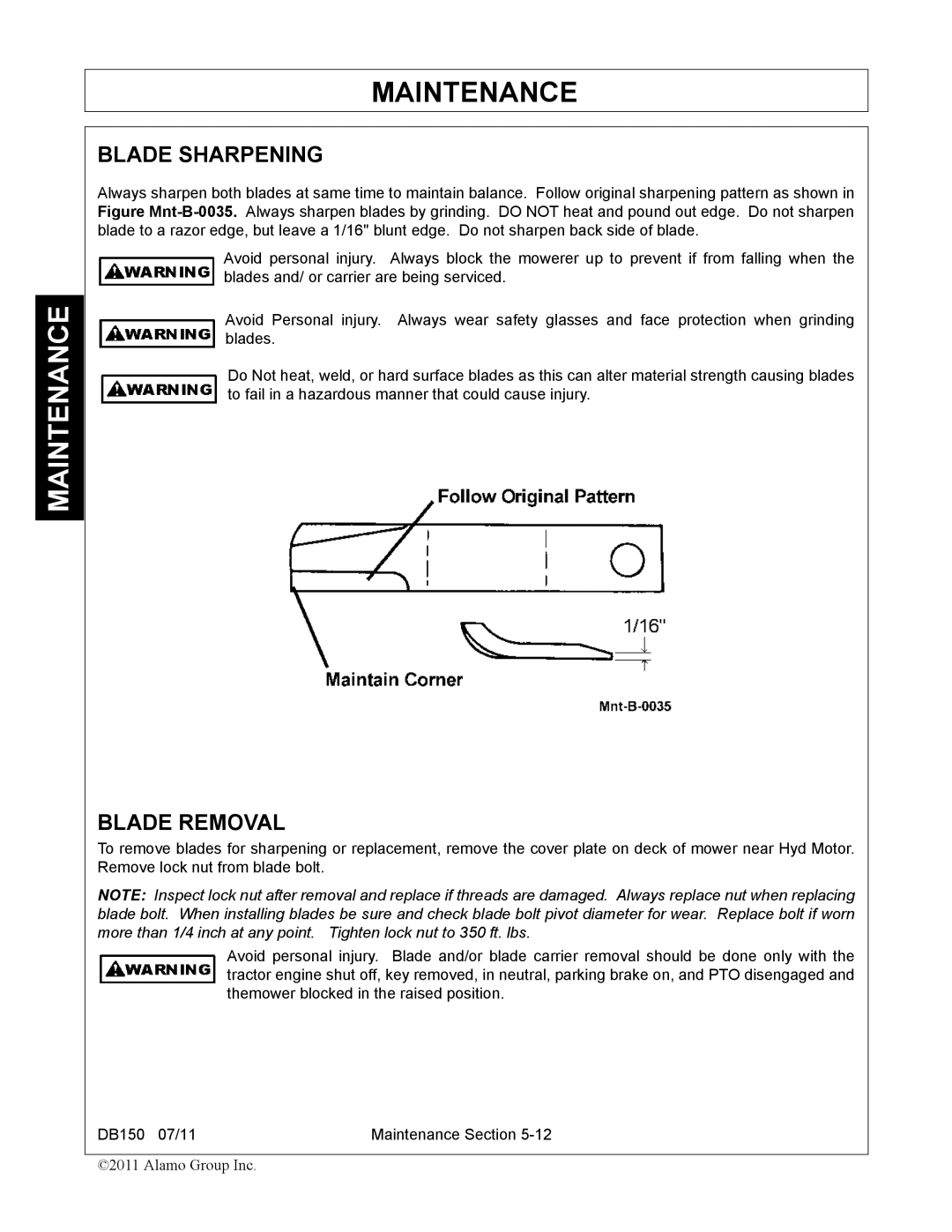 Rhino Mounts DB150 manual Blade Sharpening, Blade Removal 