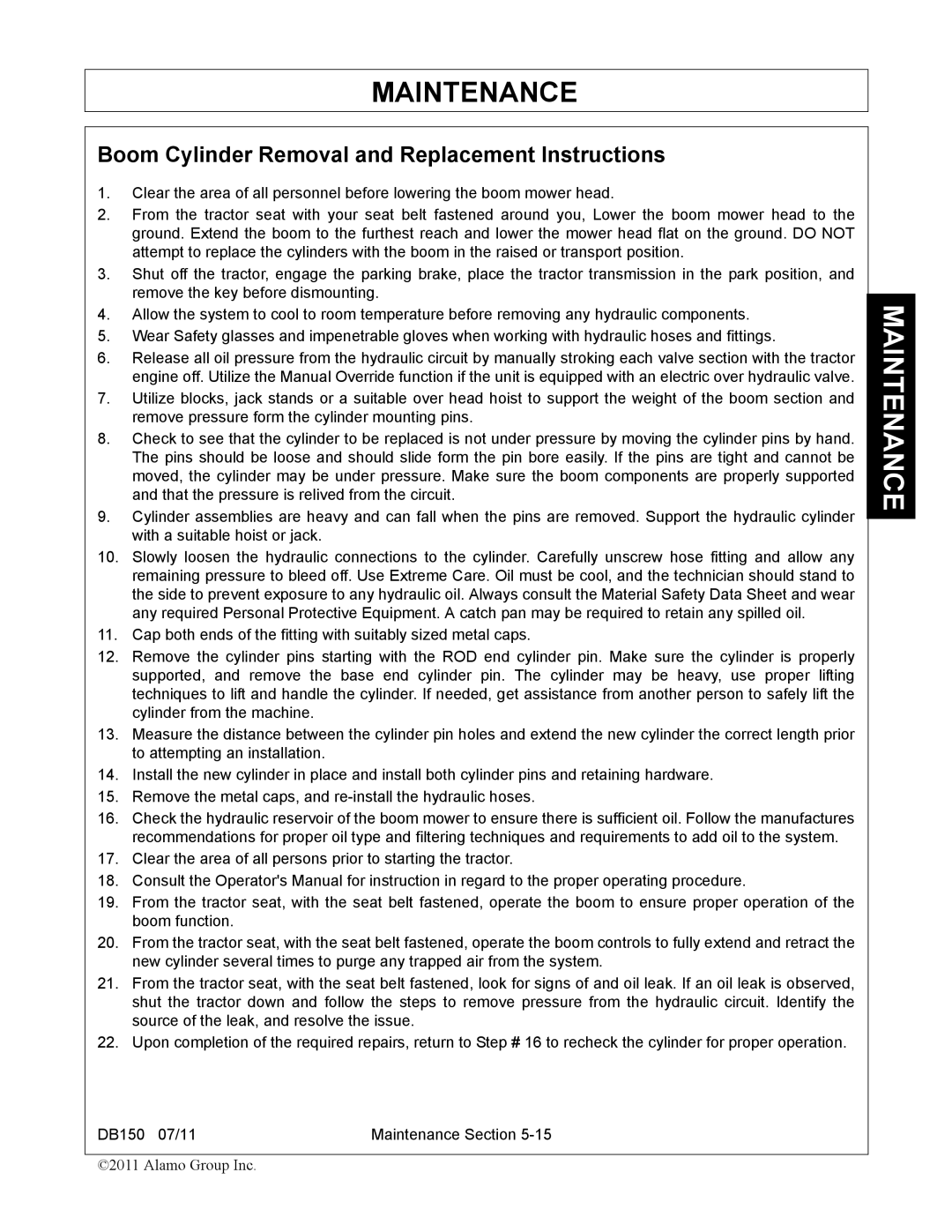 Rhino Mounts DB150 manual Boom Cylinder Removal and Replacement Instructions 