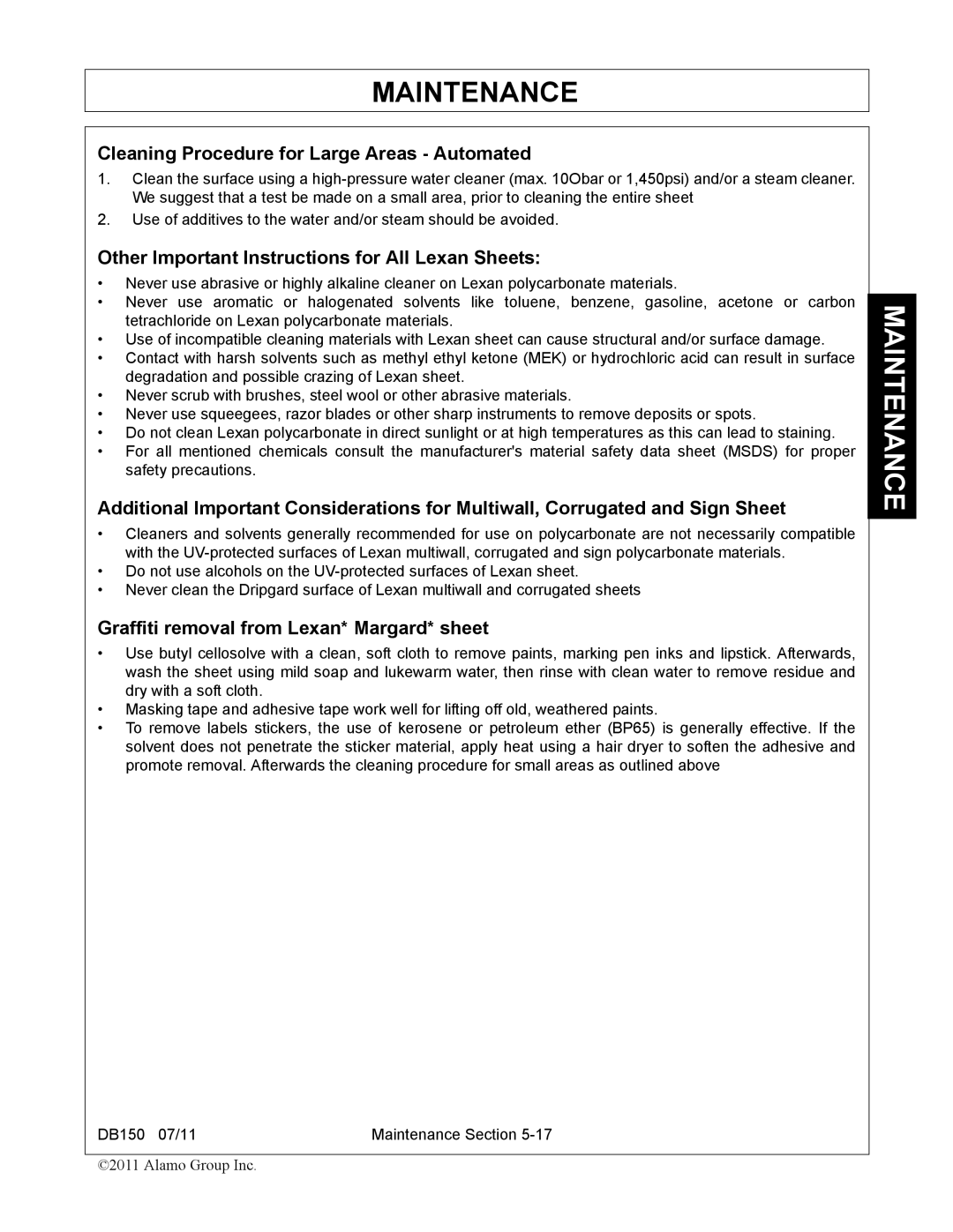 Rhino Mounts DB150 manual Cleaning Procedure for Large Areas Automated, Other Important Instructions for All Lexan Sheets 