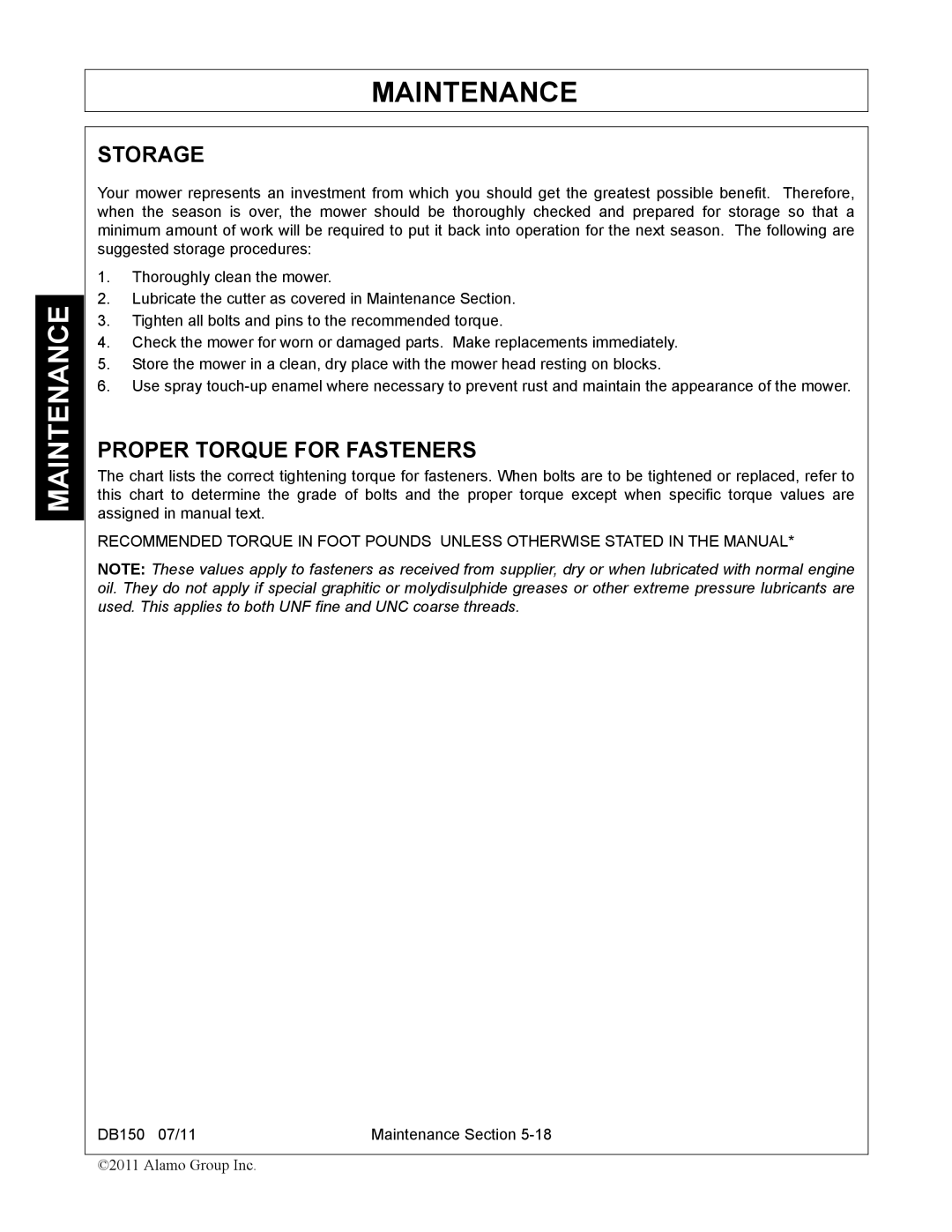 Rhino Mounts DB150 manual Storage, Proper Torque for Fasteners 