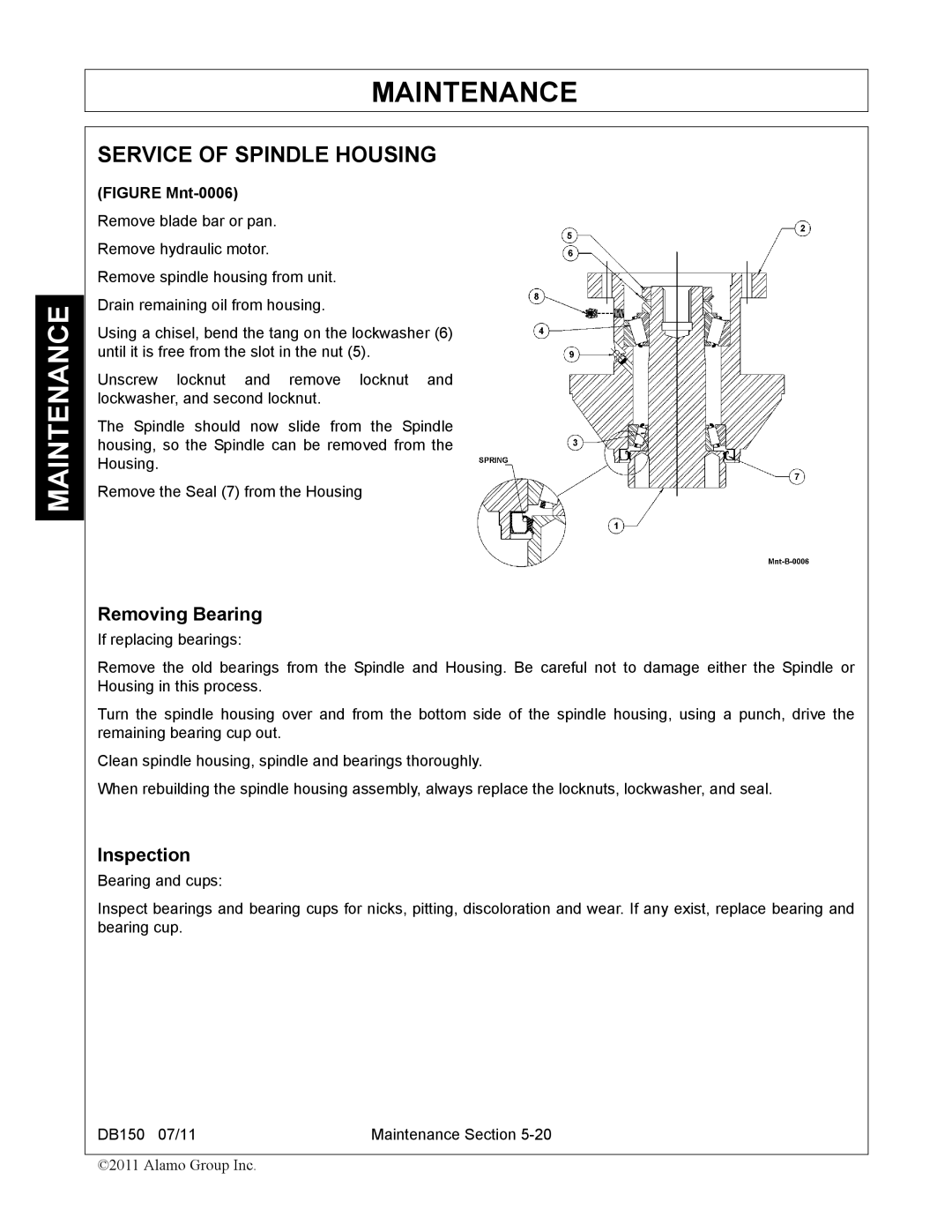 Rhino Mounts DB150 manual Service of Spindle Housing, Removing Bearing, Inspection 