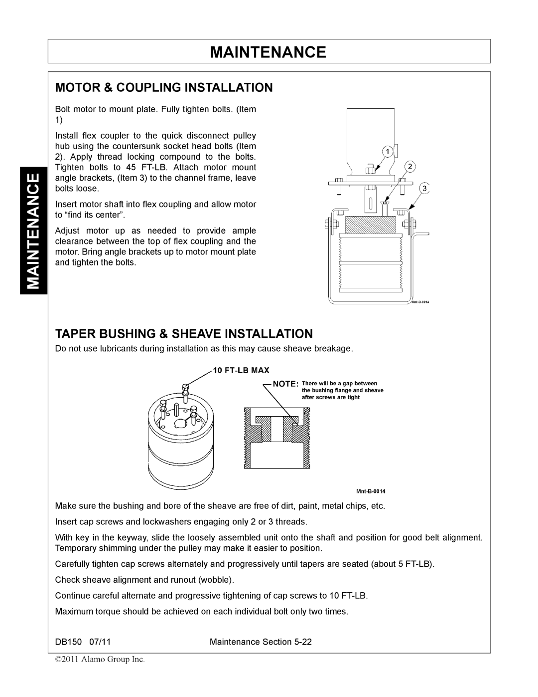 Rhino Mounts DB150 manual Motor & Coupling Installation, Taper Bushing & Sheave Installation 