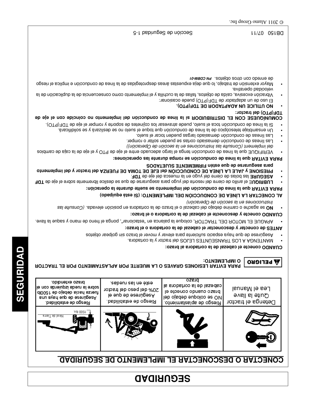 Rhino Mounts DB150 manual Seguridad DE Implemento EL Desconectar O Conectar, Cdbm PN .objetos otros con enredo de 