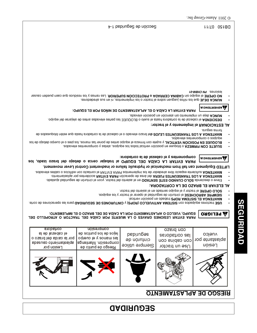 Rhino Mounts DB150 manual Aplastamiento DE Riesgo, Tractor el y implemento el Estacionar AL 