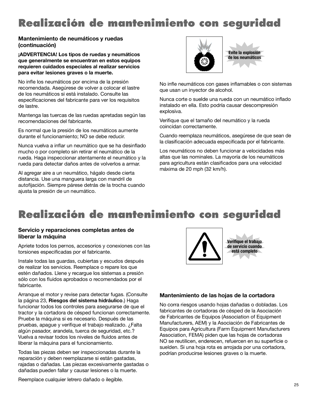 Rhino Mounts DB150 manual Mantenimiento de neumáticos y ruedas continuación, Mantenimiento de las hojas de la cortadora 