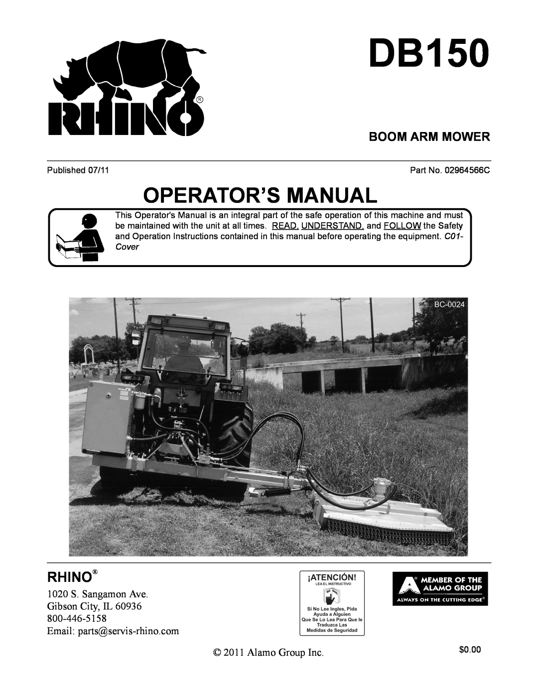 Rhino Mounts DB150 manual Rhino, Boom Arm Mower, Operator’S Manual 