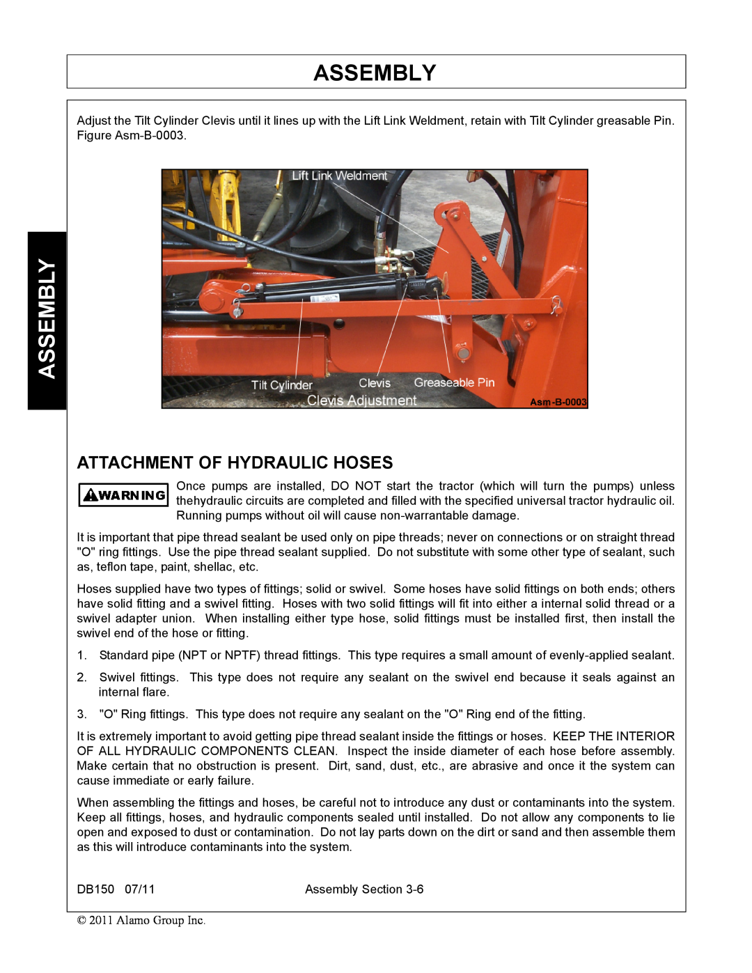 Rhino Mounts DB150 manual Attachment Of Hydraulic Hoses, Assembly 