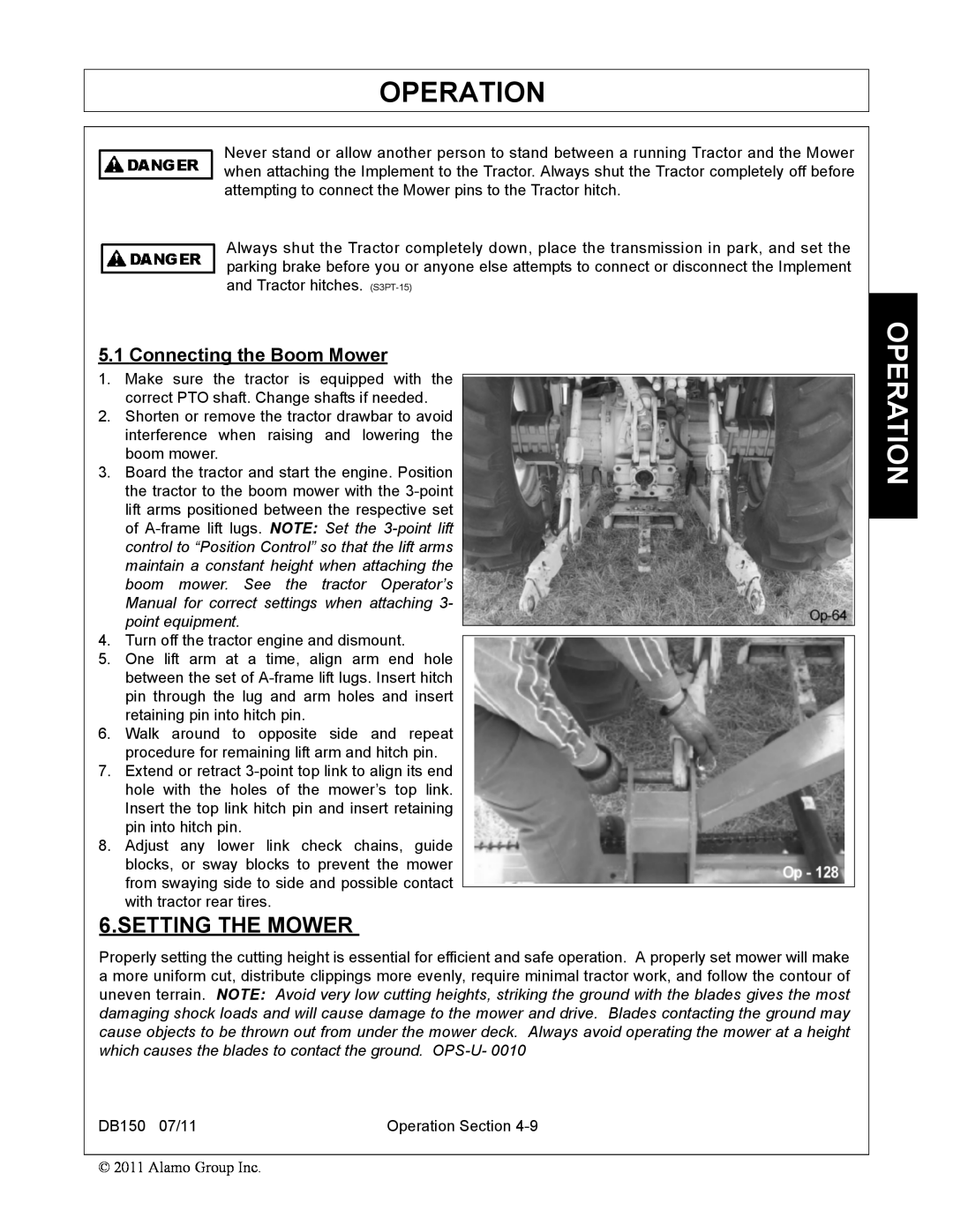Rhino Mounts DB150 manual Setting The Mower, Operation, Connecting the Boom Mower 