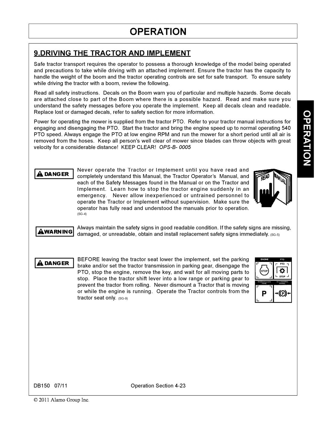 Rhino Mounts DB150 manual Driving The Tractor And Implement, Operation, SG-4 