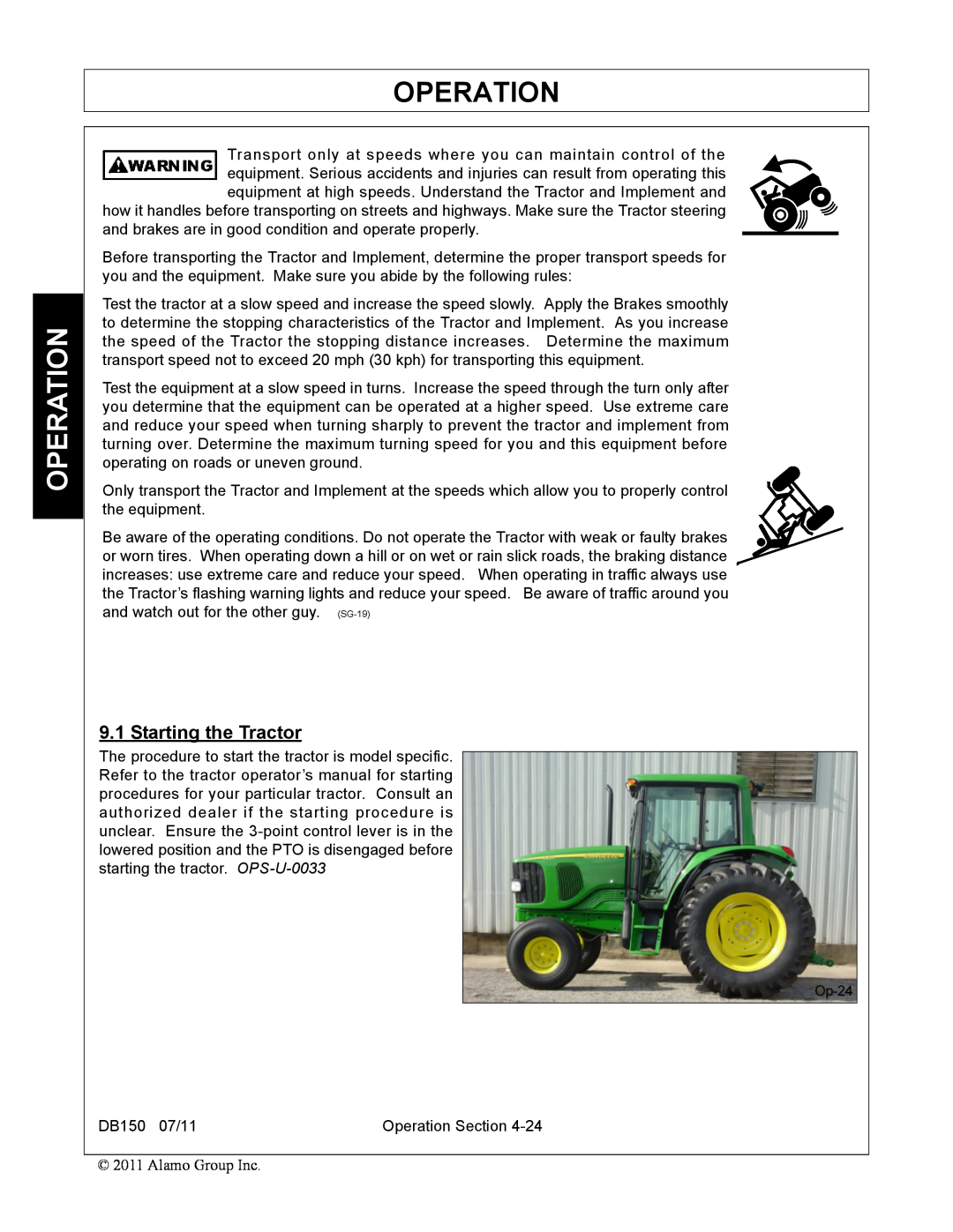 Rhino Mounts DB150 manual Operation, Starting the Tractor 