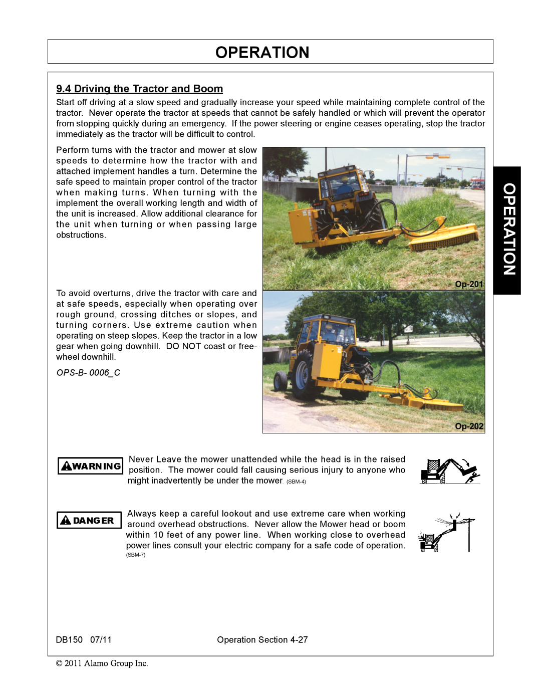 Rhino Mounts DB150 manual Operation, Driving the Tractor and Boom, OPS-B- 0006C 