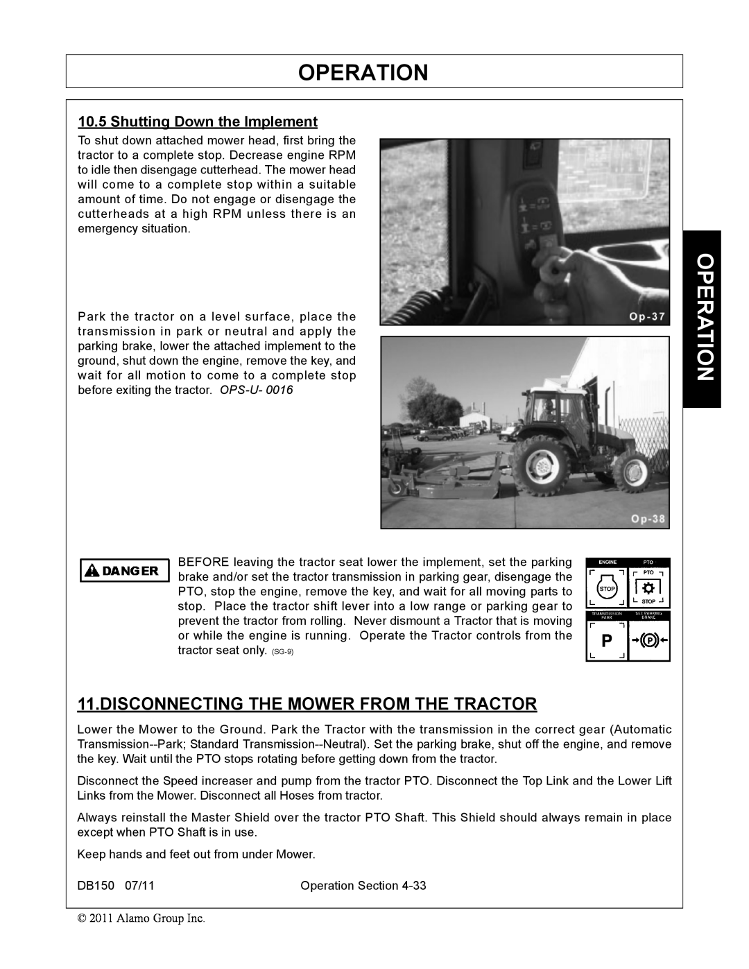 Rhino Mounts DB150 manual Disconnecting The Mower From The Tractor, Operation, Shutting Down the Implement 