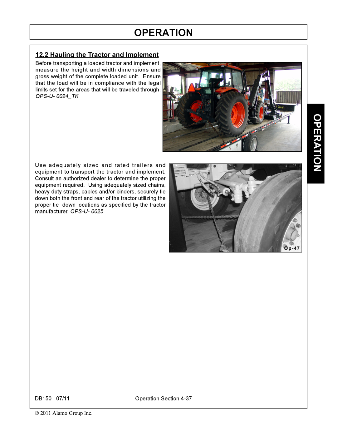 Rhino Mounts DB150 manual Operation, Hauling the Tractor and Implement 