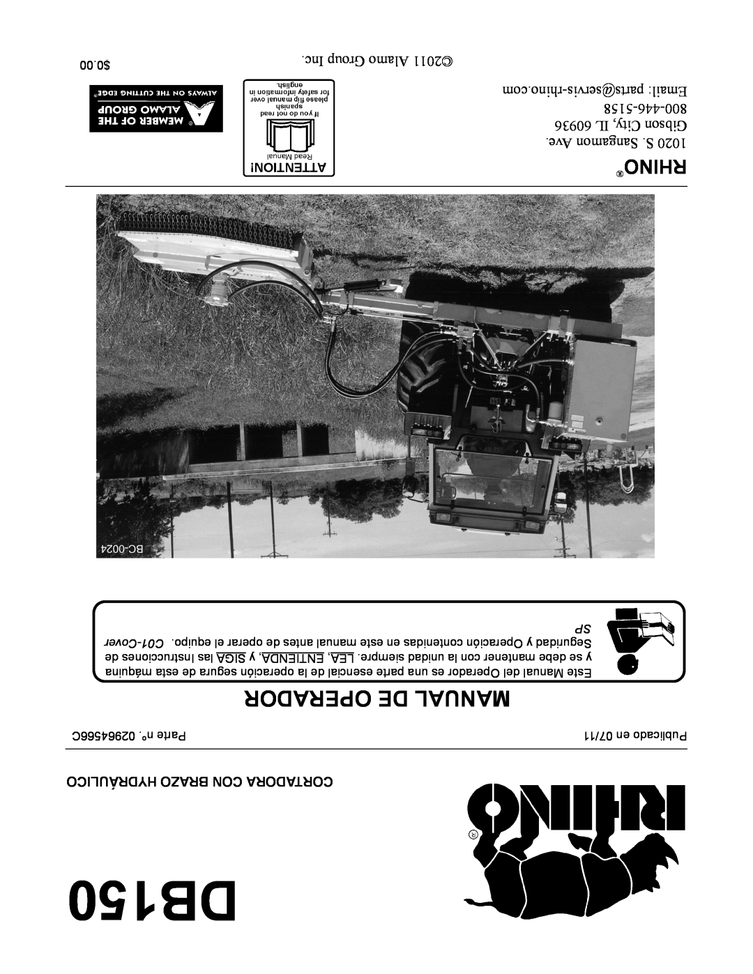 Rhino Mounts DB150 Operador De Manual, Rhino, Hydráulico Brazo Con Cortadora, 02964566C .nº Parte, 07/11 en Publicado 