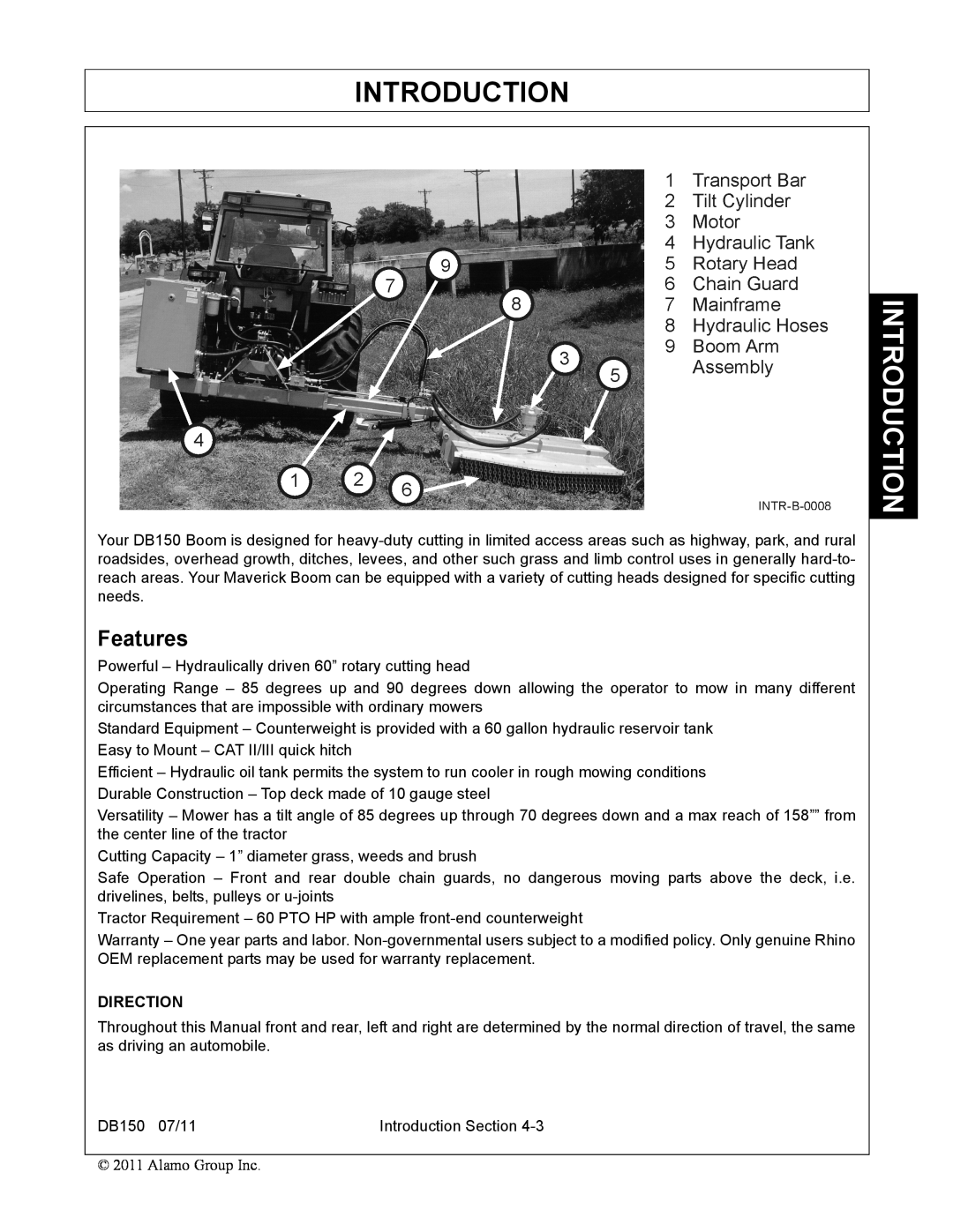 Rhino Mounts DB150 manual Features, Introduction, Direction 