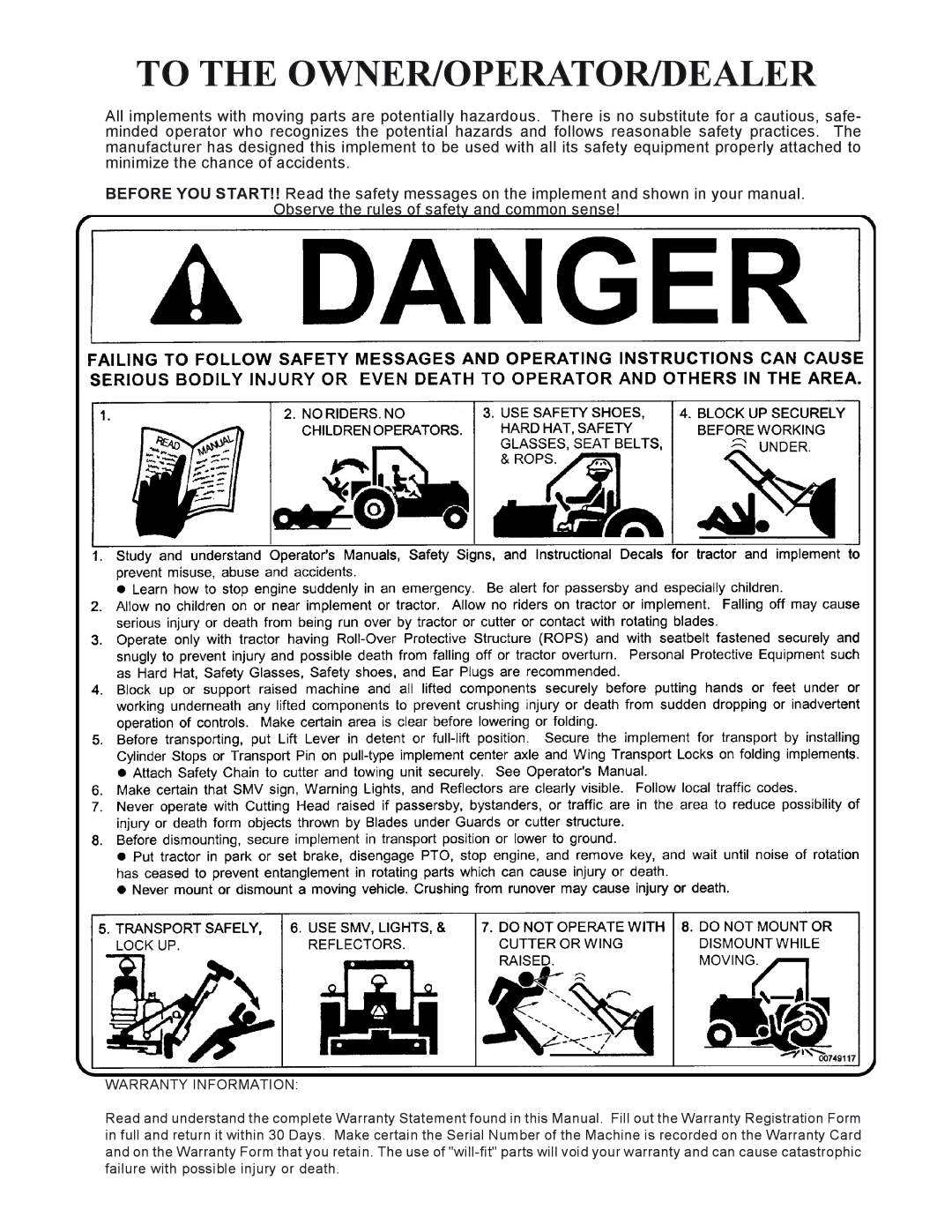 Rhino Mounts FM100 manual To the OWNER/OPERATOR/DEALER 