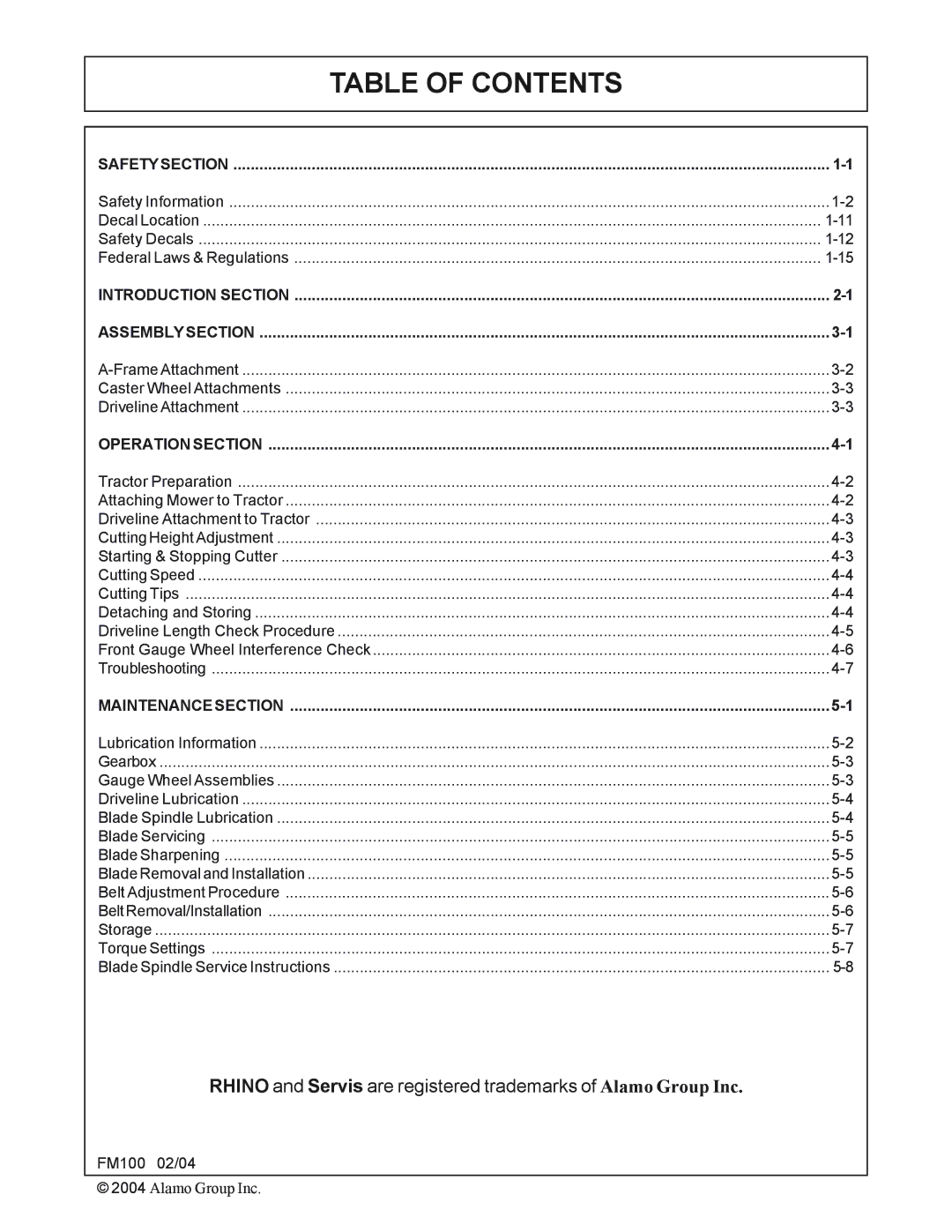 Rhino Mounts FM100 manual Table of Contents 